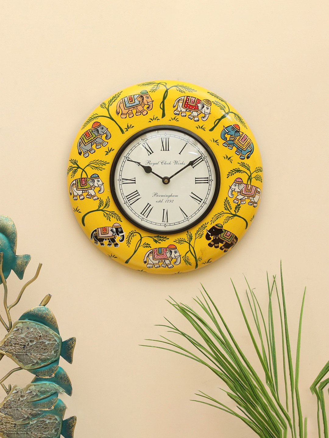 vedas Yellow & White Printed Round Shaped C-Mason Wooden Wall Clock With Dial