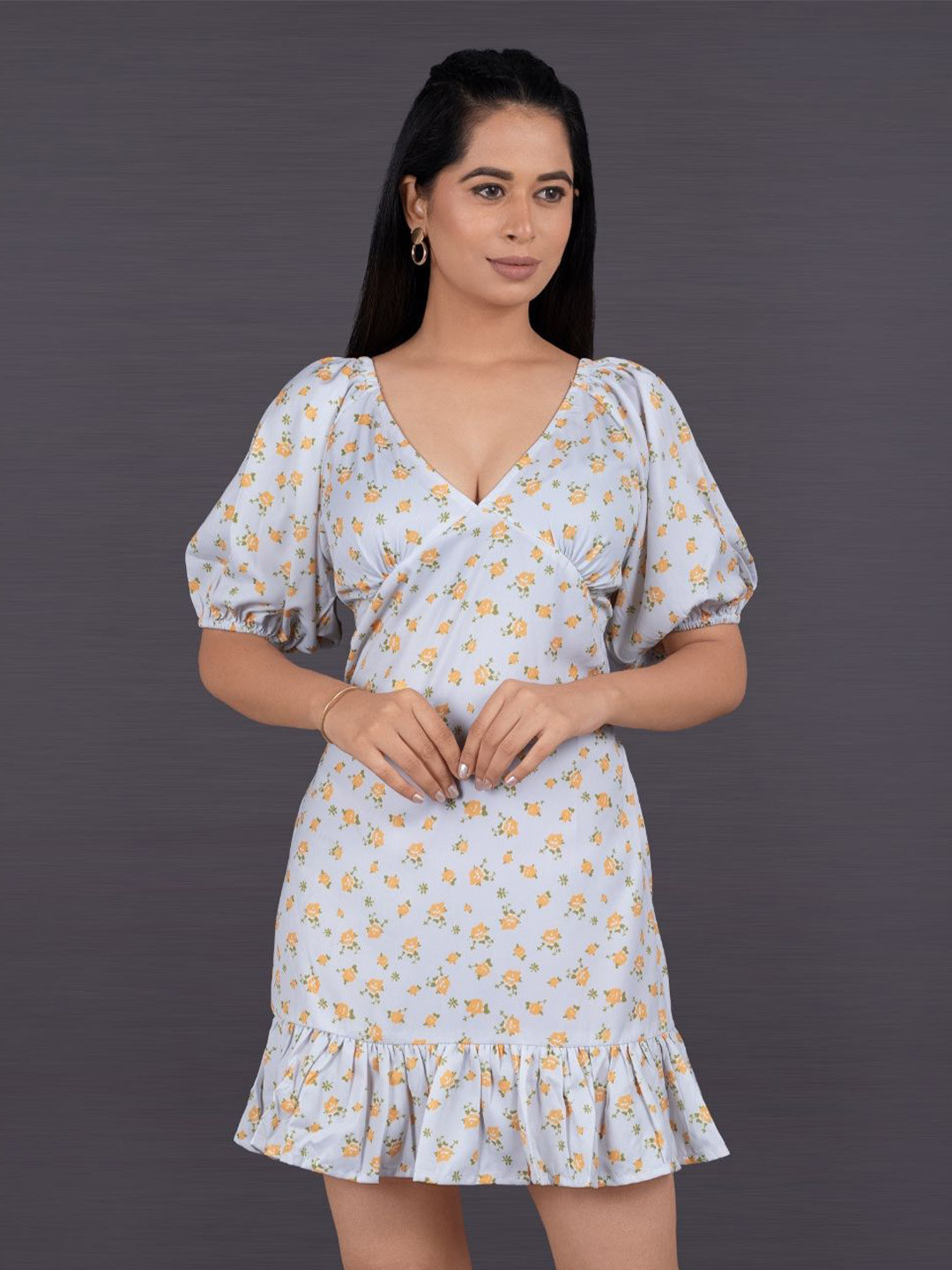 La Aimee Floral Printed Cut-Outs Detail Drop-Waist Dress