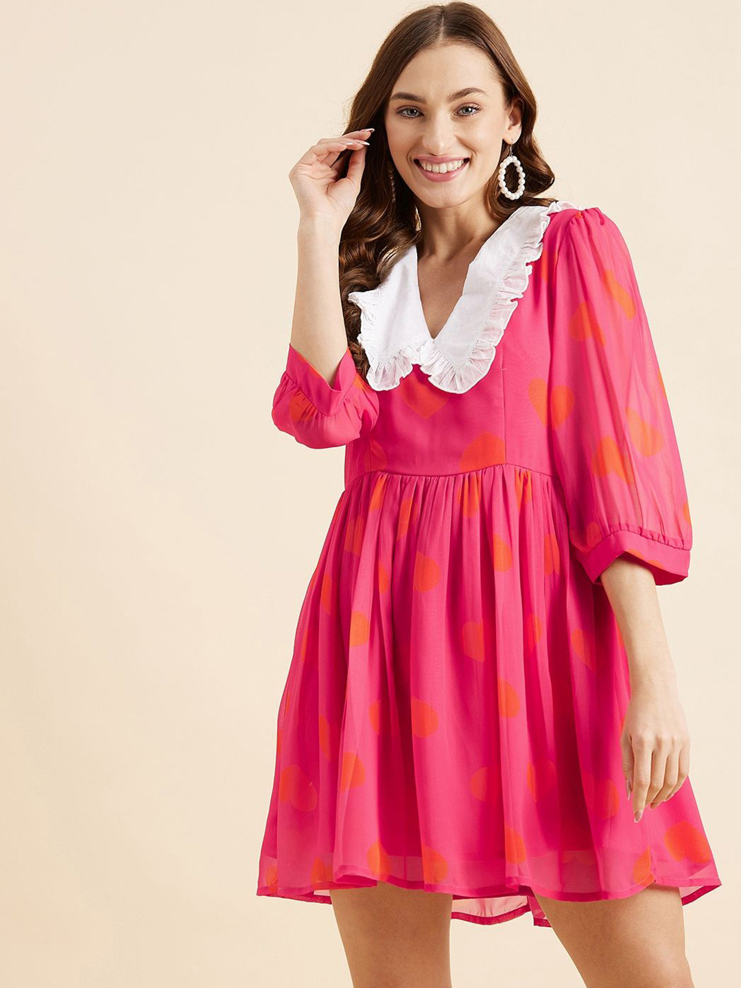 PANIT Polka Dot Print Puff Sleeve Georgette Fit and Flare Dress