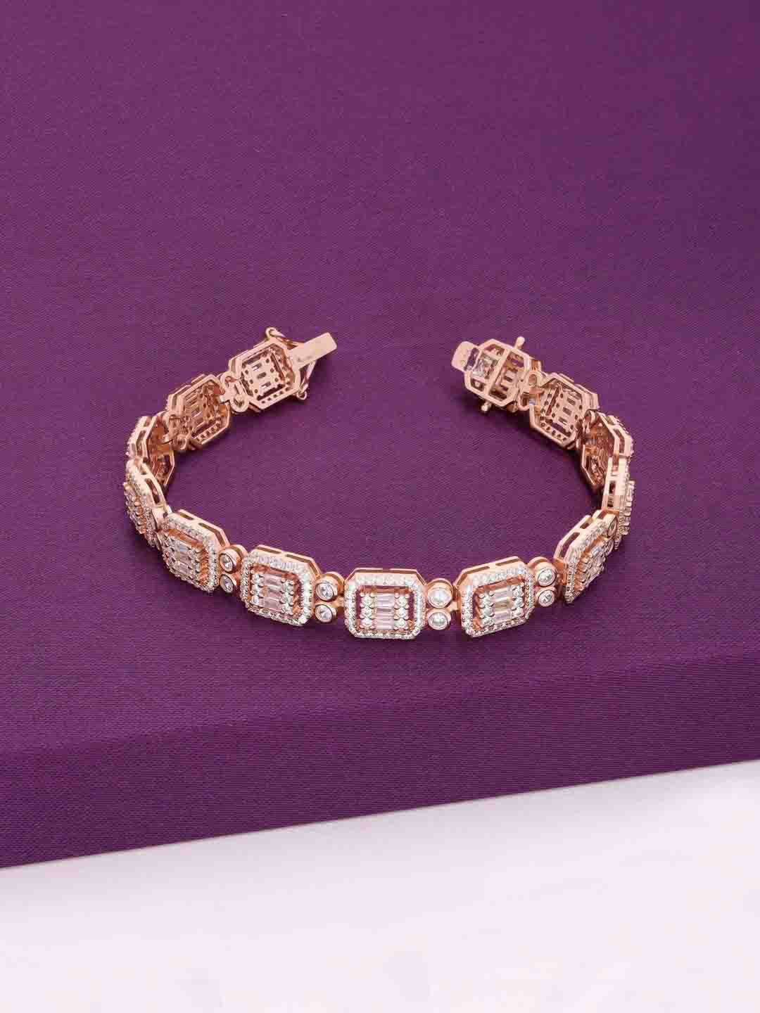 KAI JEWEL Women 92.5 Silver Rectangle Baguettes Zircon Cube Rose Gold-Plated Link Bracelet
