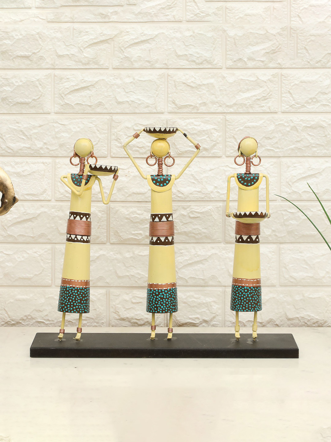 vedas F-Cosmo Dolls Yellow Metal Metallic Living Room Set of 3 Medium Showpieces - 14.2 Inches