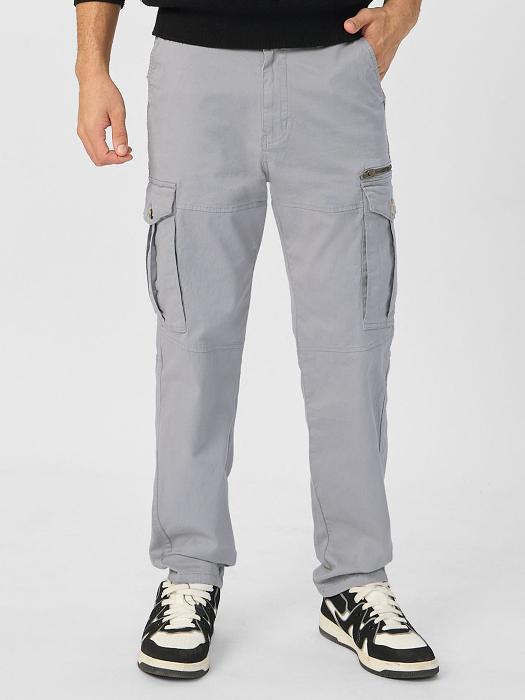 The Souled Store Men Straight Fit Solid Grey Cargo Pants