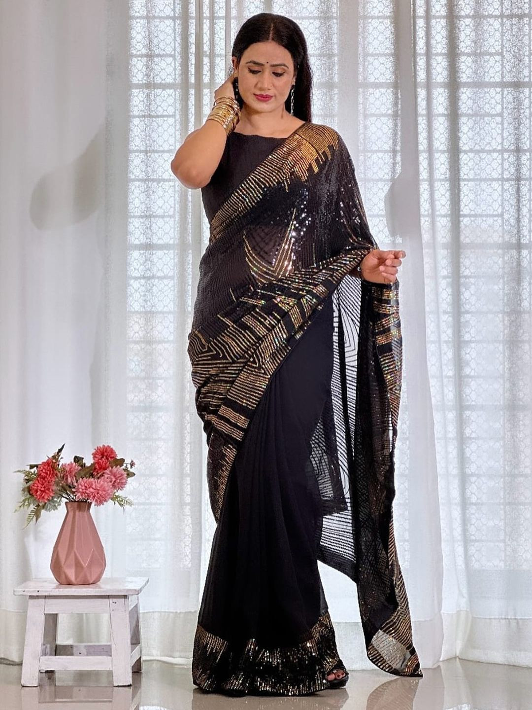 Sangria Embellished Party Wear Saree With Matching Blouse