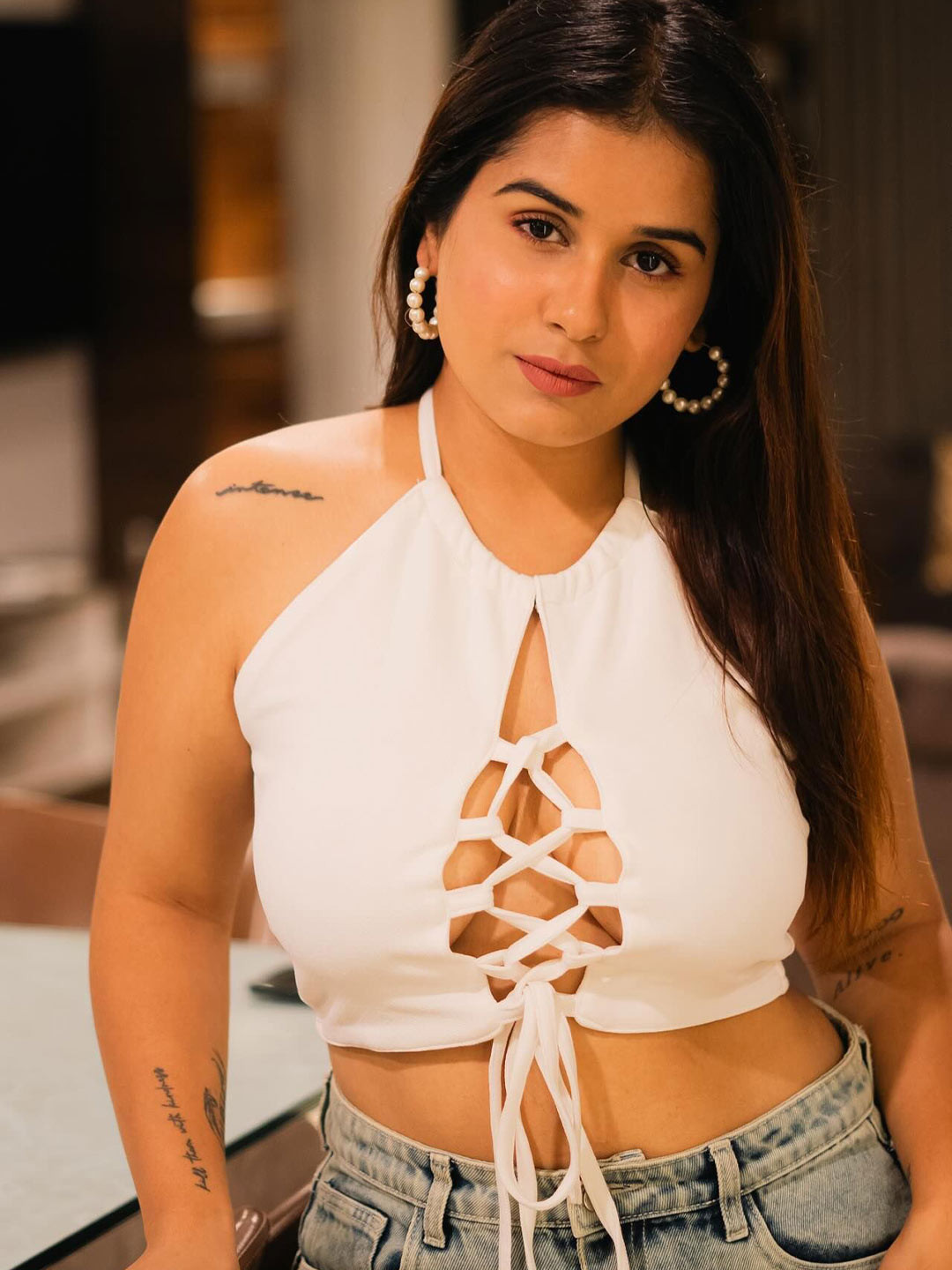 TANDUL Halter Neck PU Coated Styled Back Top