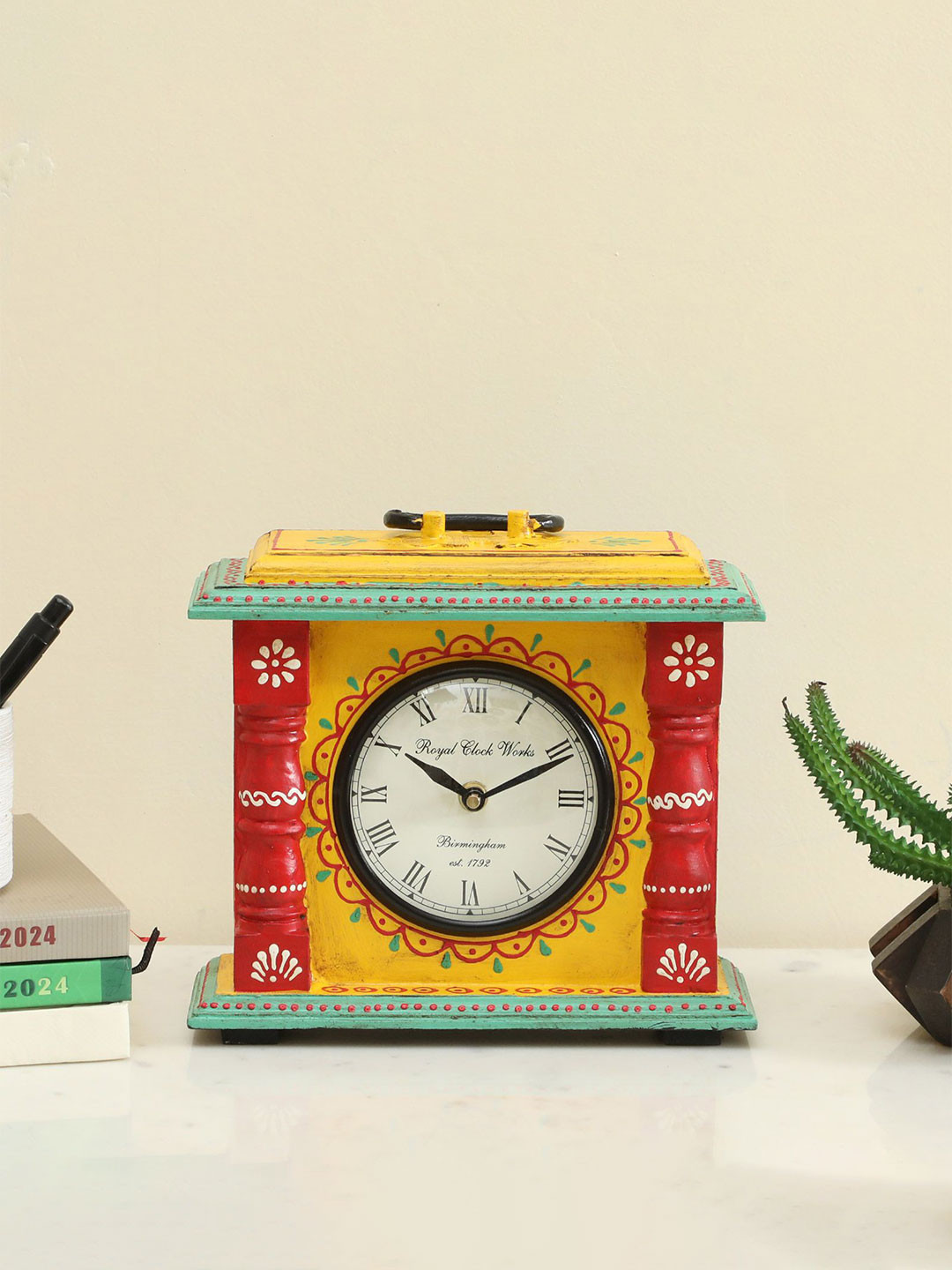 vedas Non-Ticking Yellow Wood Silent Clock Square Battery Analogue Table Clock