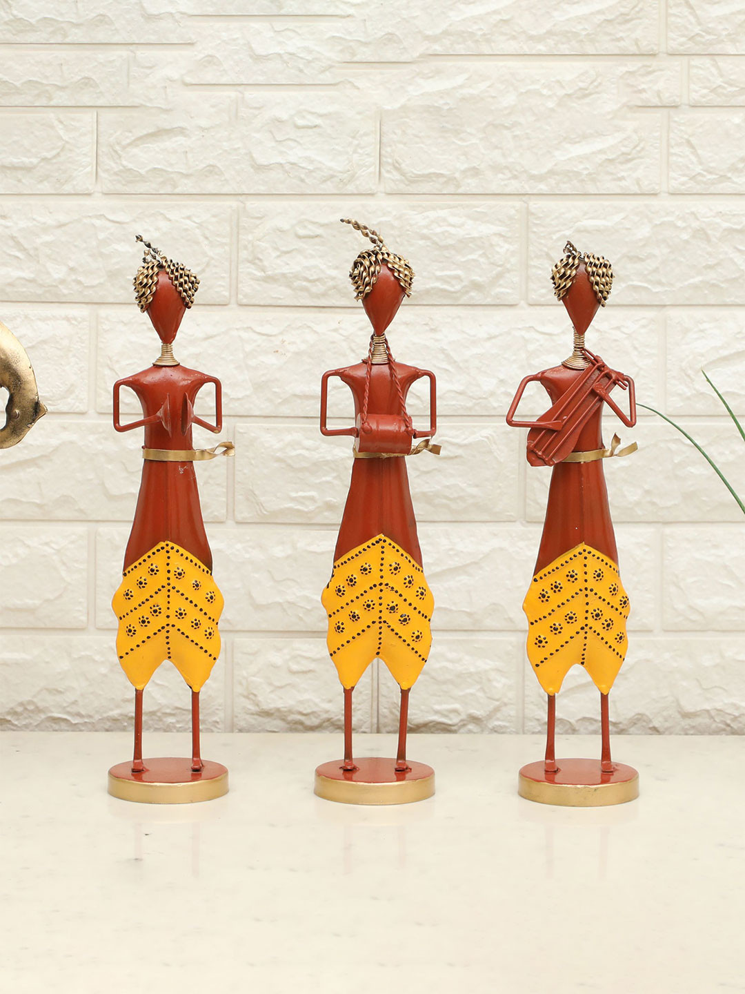vedas F-Iris Musician Dolls Set Brown Metal Metallic Living Room Music Set of 3 Medium Showpieces - 14.2 Inches