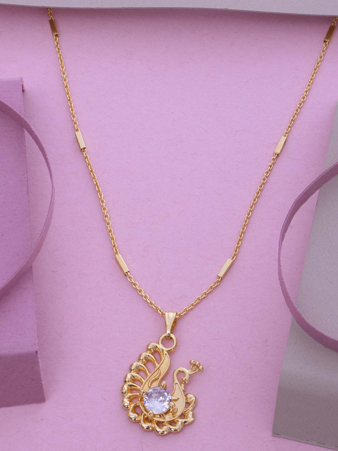 Ramdev Art Fashion Jwellery Gold-Plated Stone Studded Peacock Shaped Pendant & Chain