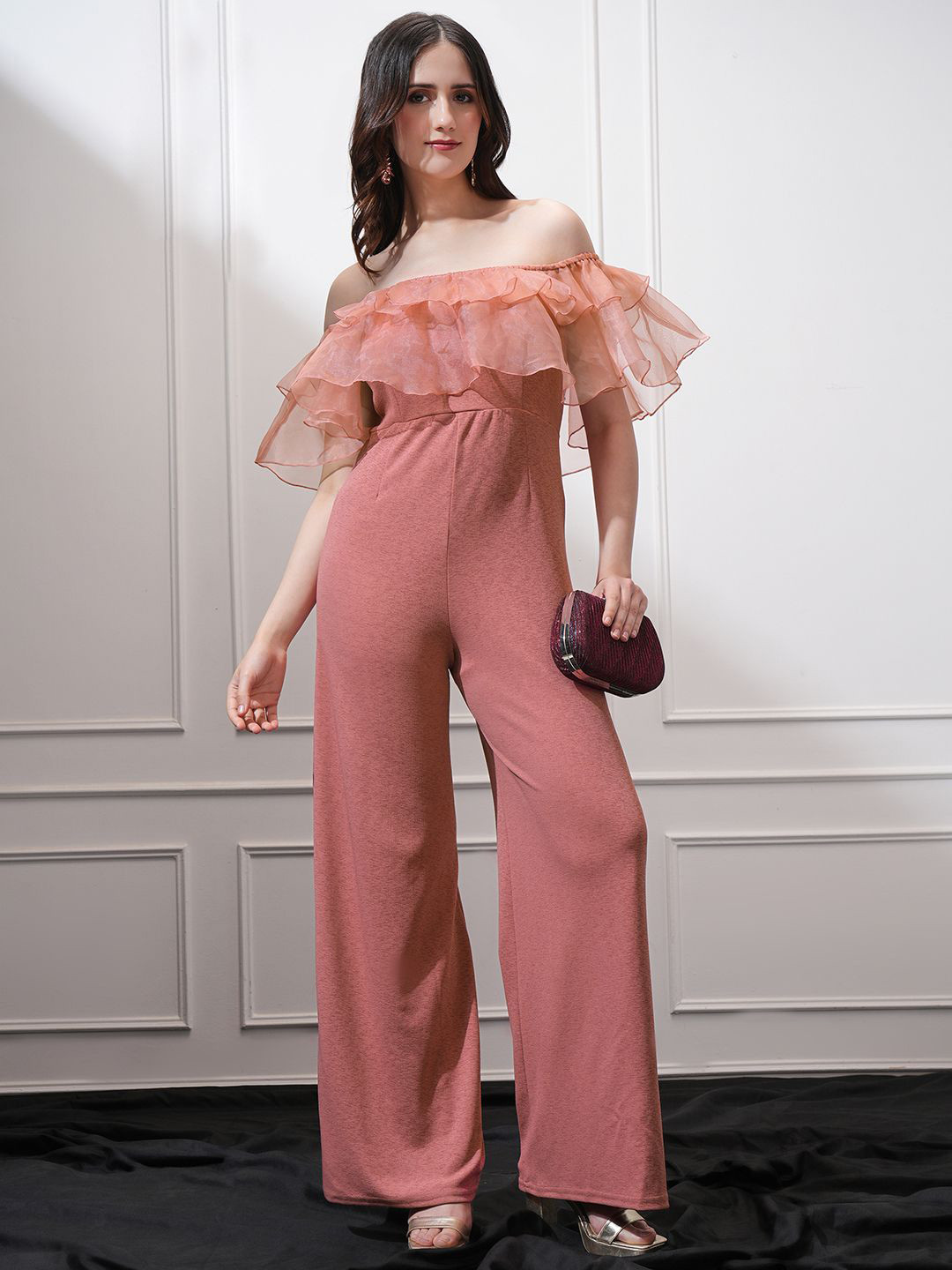 Tokyo Talkies Women Rose Shoulder Ruffled Front Wide Leg Jumpsuit