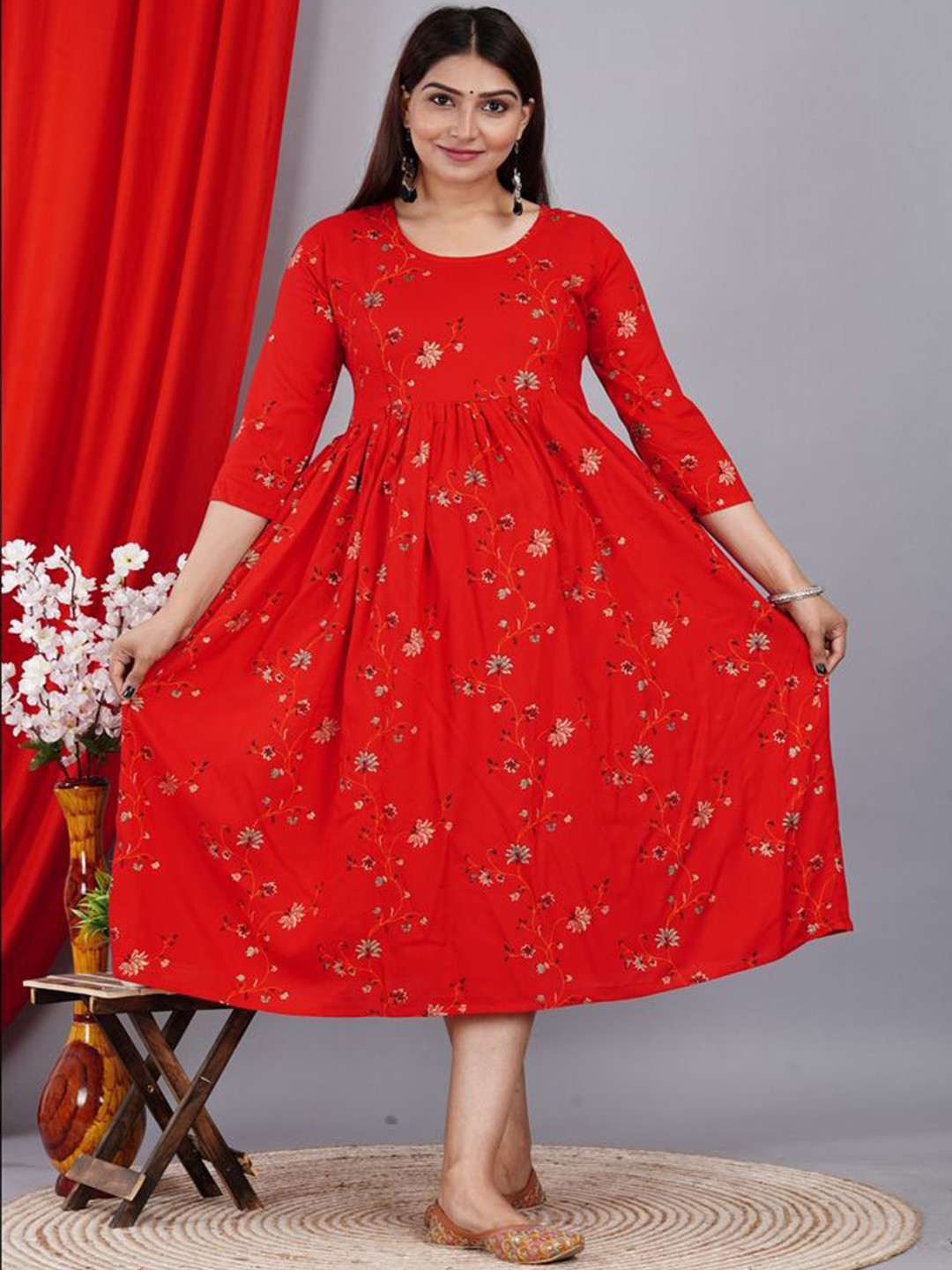 Loyster Women Floral Printed Fit and Flare Midi Maternity Ethnic Dress