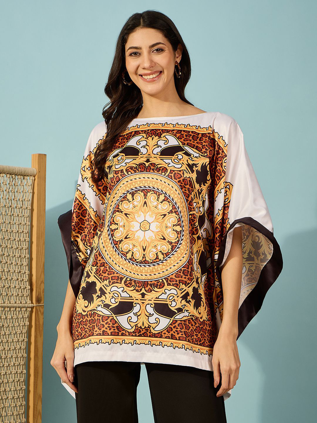 The Kaftan Company Animal Print Batwing Sleeve Scarf Print Satin Kaftan Top