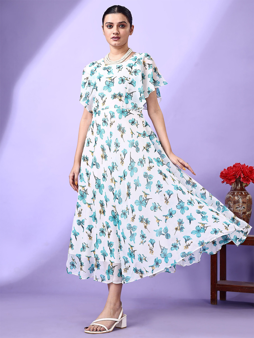 Fashion2wear Floral Print Flutter Sleeve Georgette Maxi Dress