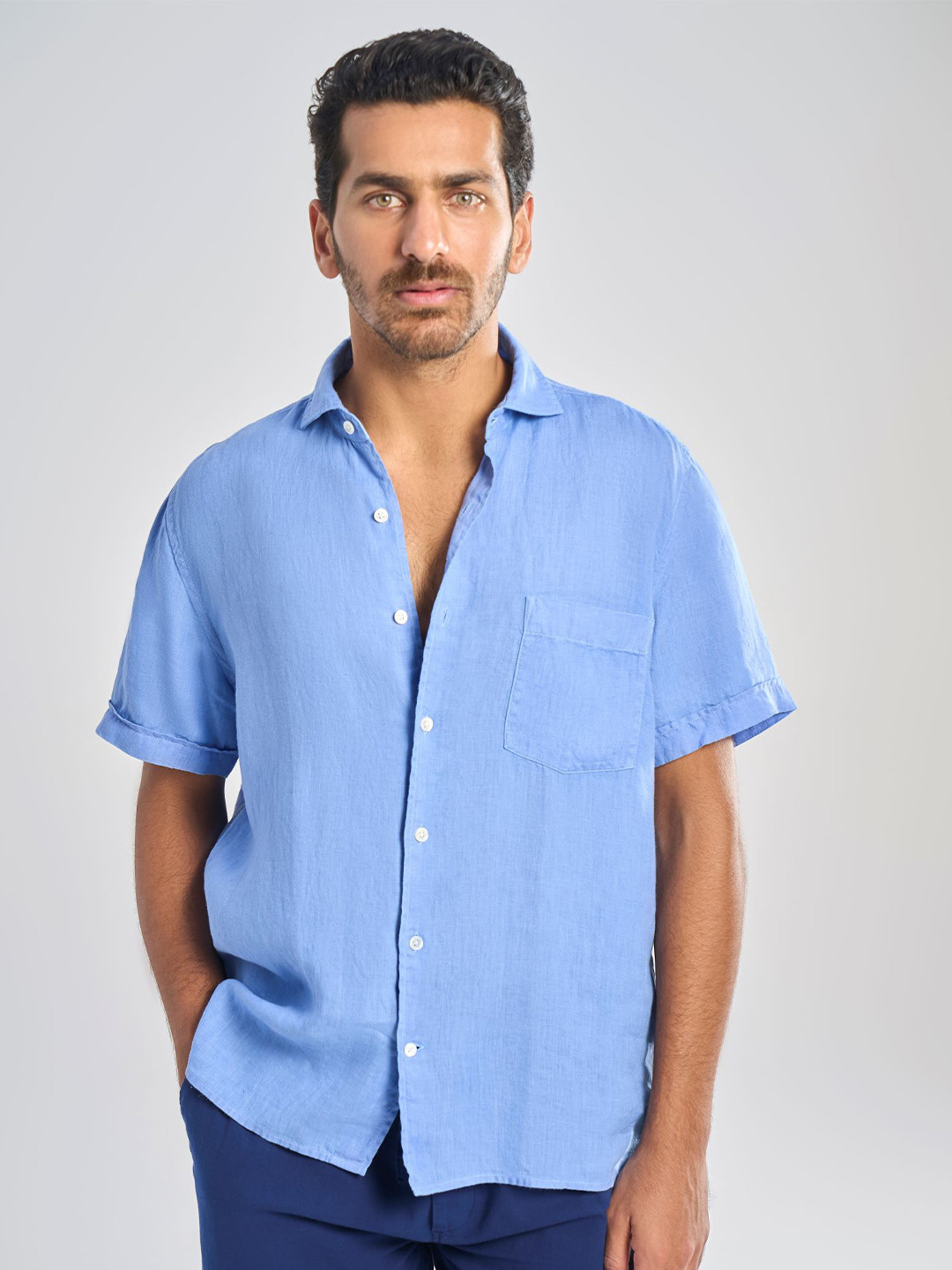 Terra Luna Men Smart Relaxed Fit Cutaway Collar Solid Linen Casual Shirt
