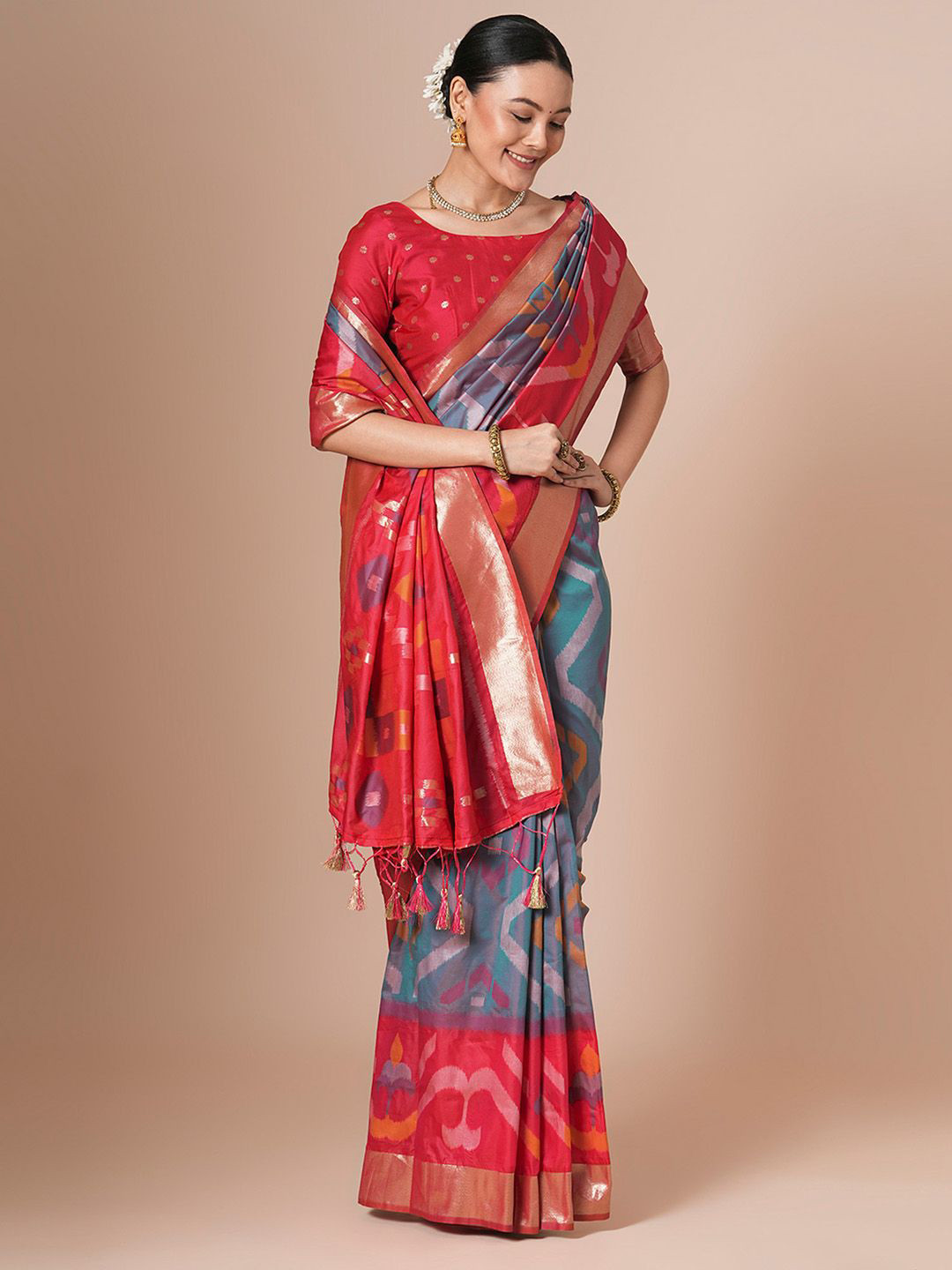 House of Pataudi Woven Design PochampallySaree With Blouse Piece