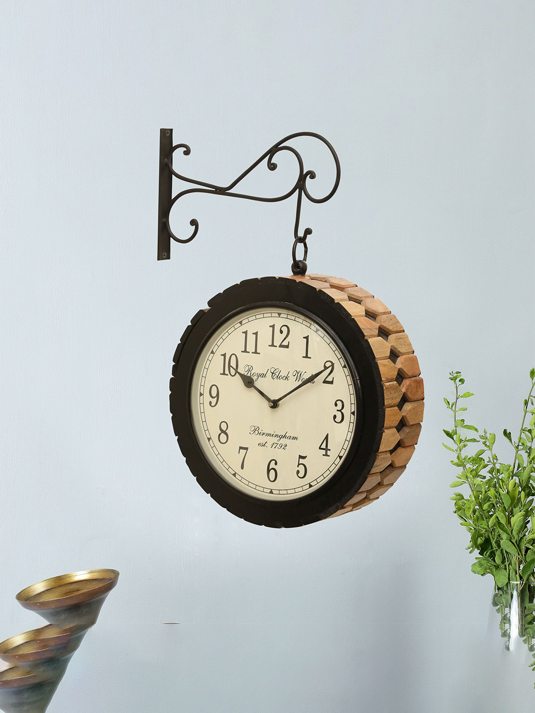 vedas Beige & Brown Textured Round Shaped Double-Sided C-Rowan Wooden Wall Clock