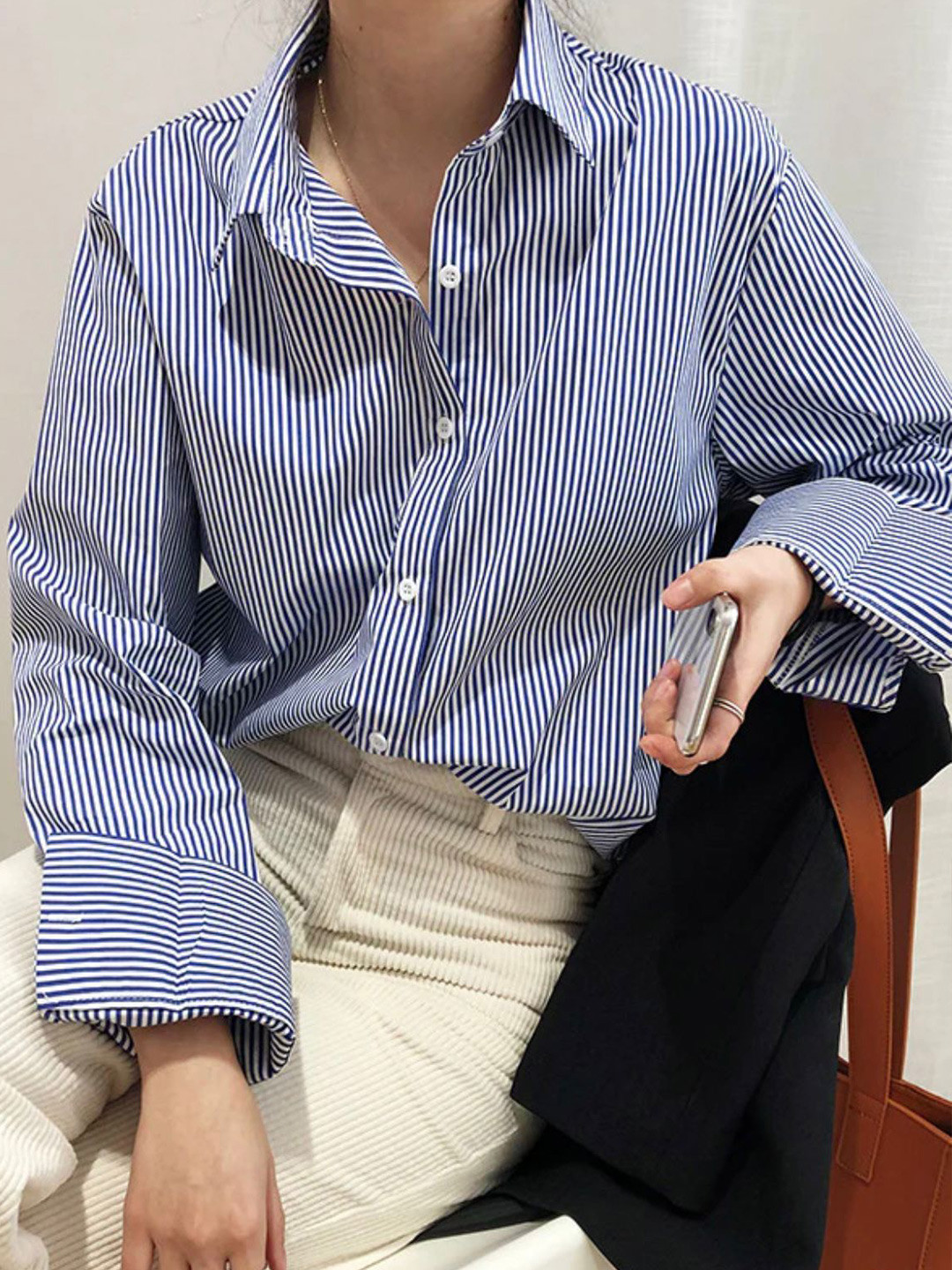 Just Fab Women Standard Spread Collar Pinstripes Striped Cotton Casual Shirt