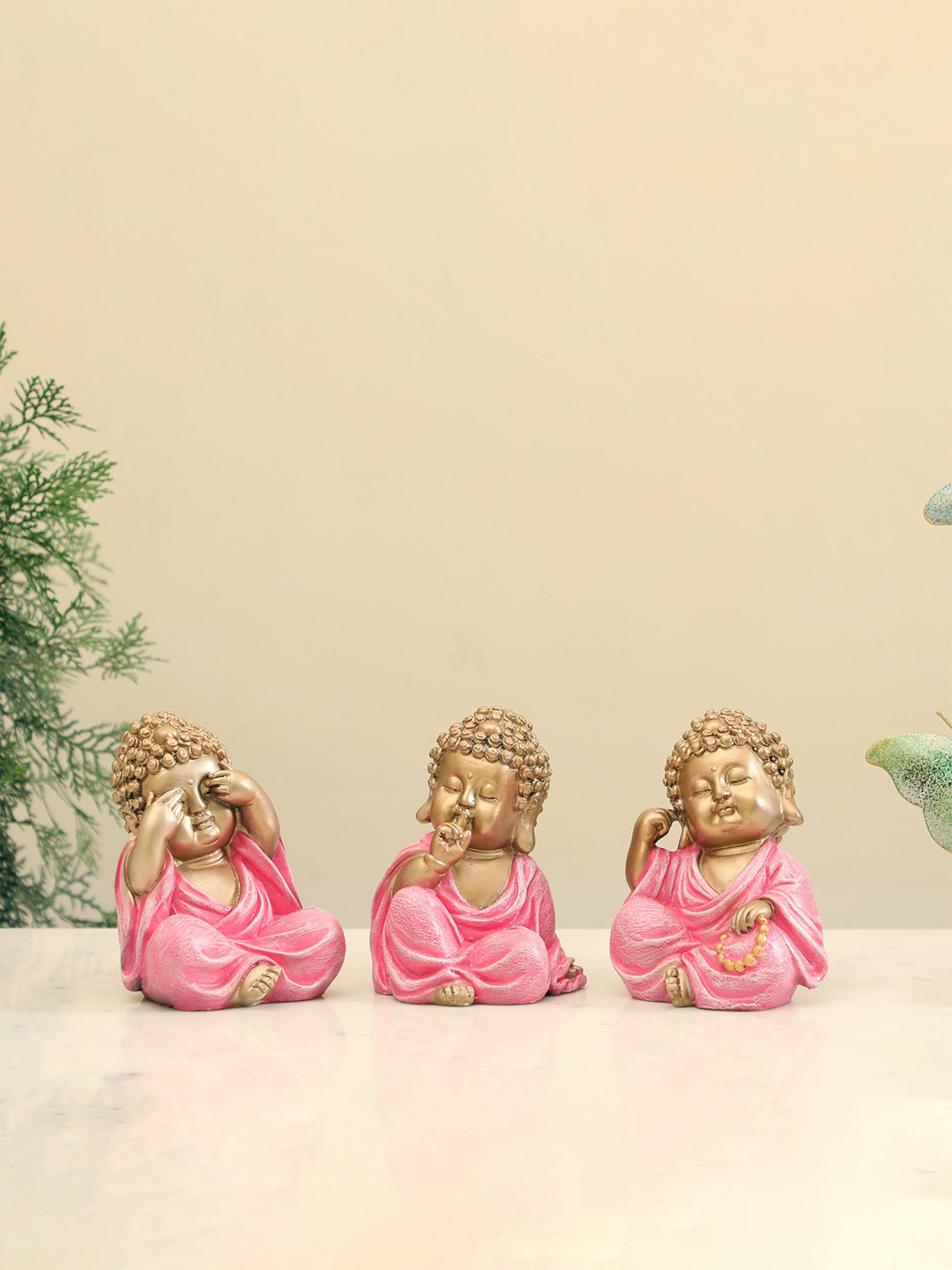 vedas S-Stella Monk Set Gold Metal Metallic Living Room Set of 3 Medium Showpieces - 5.1 Inches