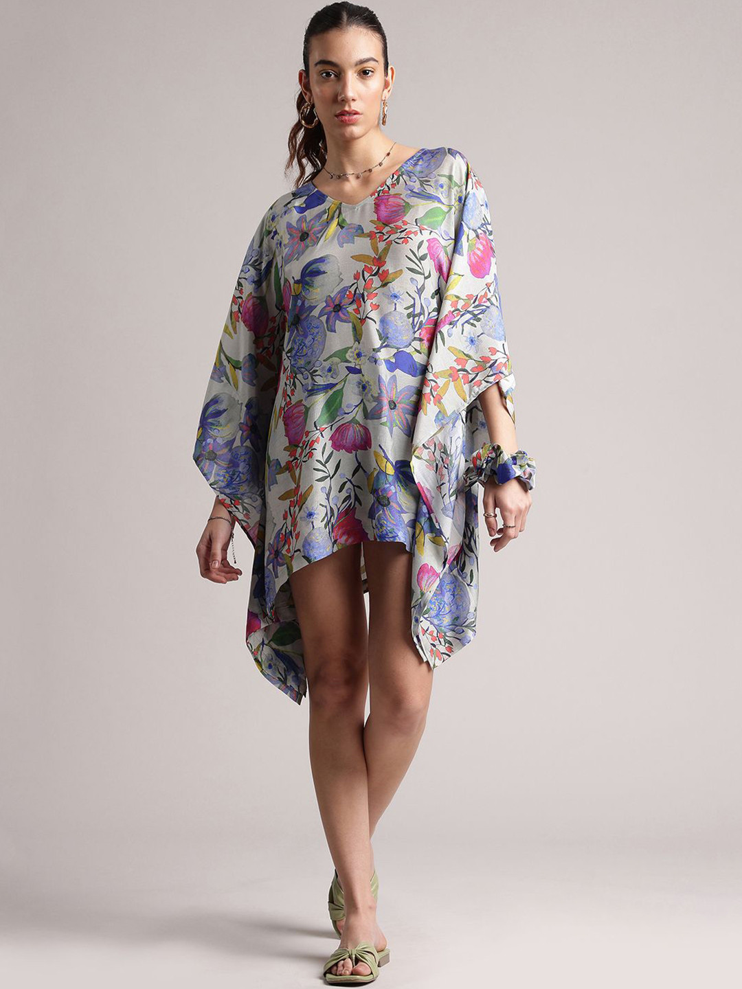 CUSTARD Women Grey Muslin Tropical Kaftan Dress