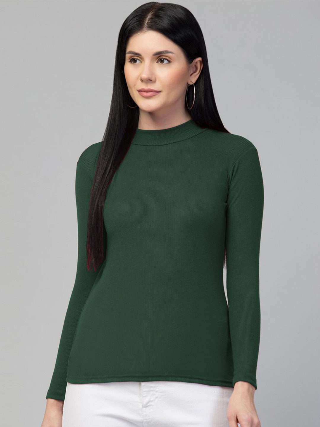 Green High Neck Solid Regular Top