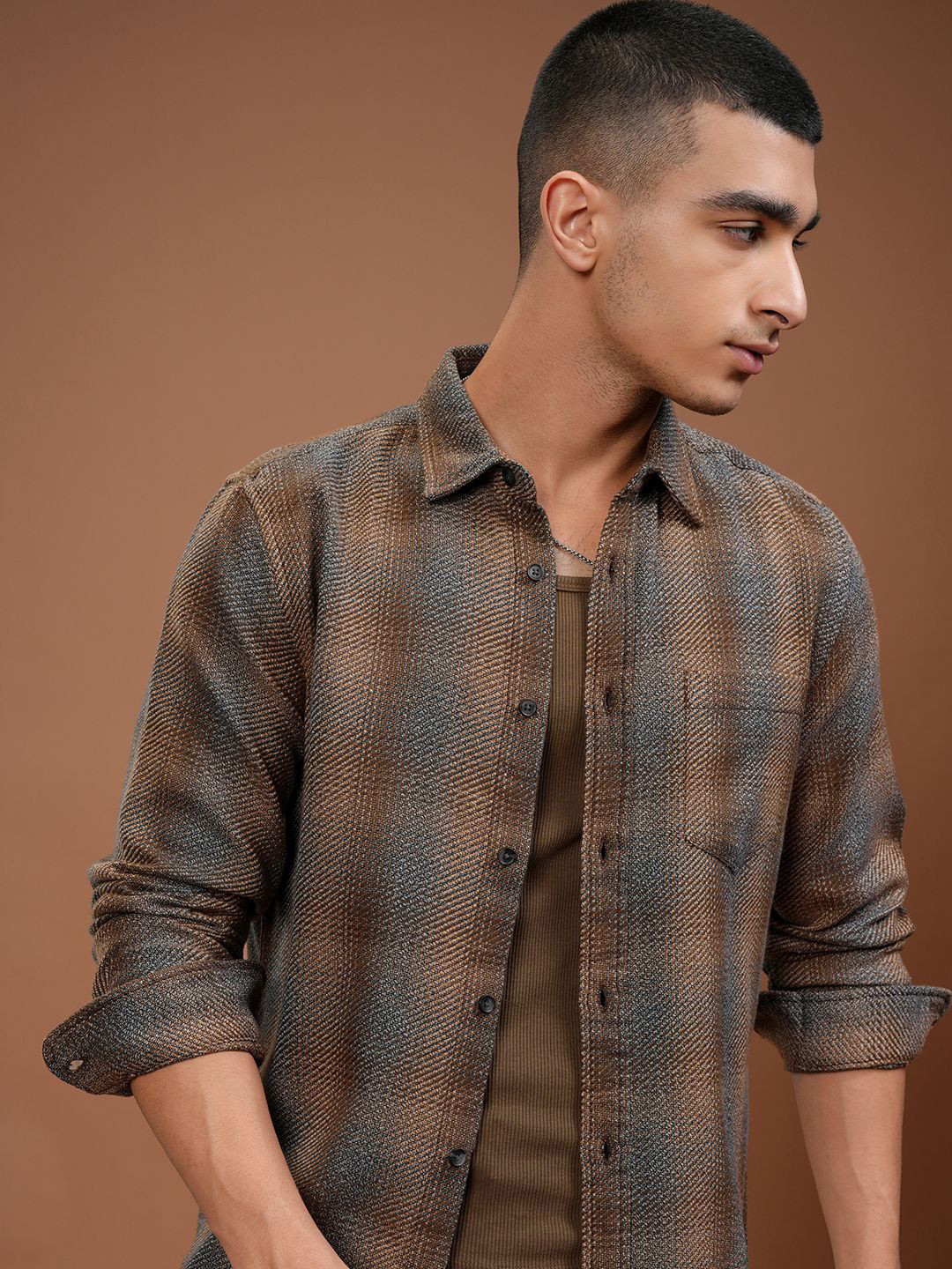 HIGHLANDER Men Rose Gold Tarton Check Casual Relaxed Fit Shirt