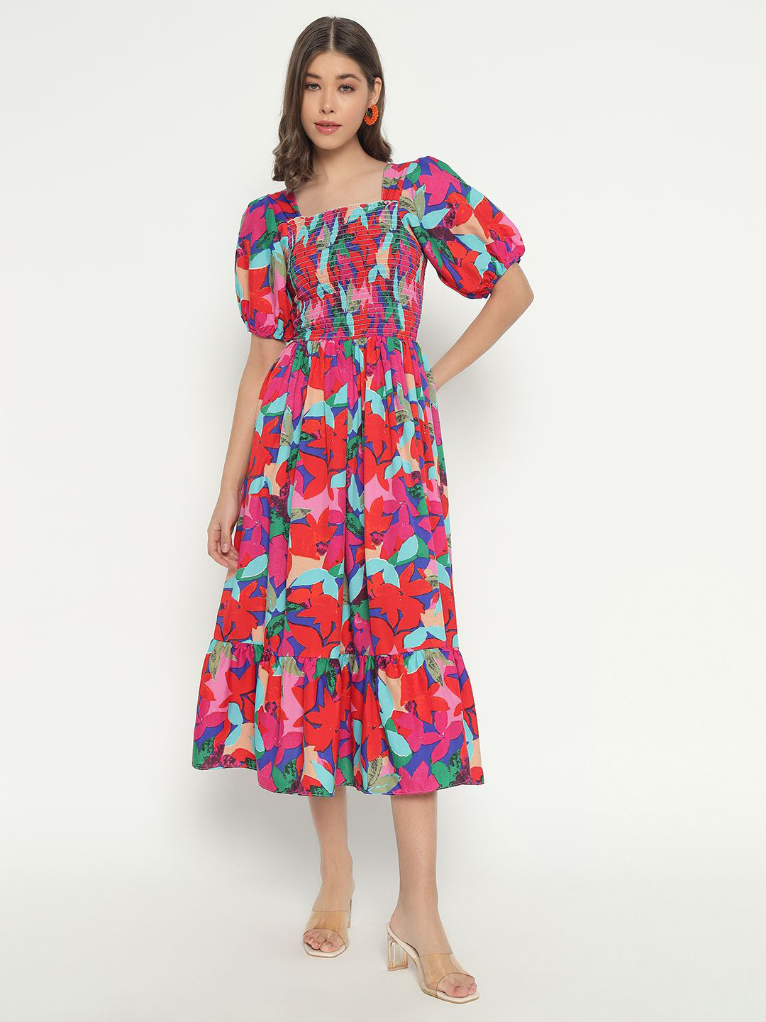 Krunal Raiyani Women Floral Printed Square Neck Smoked Puff Sleeves Fit & Flare Dress