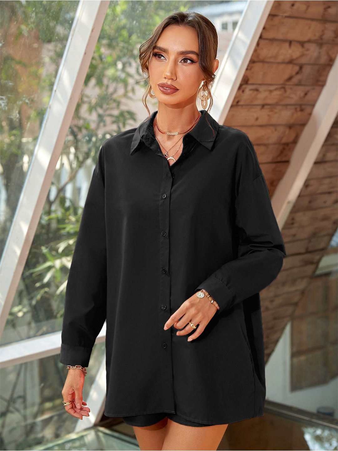 NANCHI Women Comfort Oversized Fit Spread Collar Solid Cotton Casual Shirt