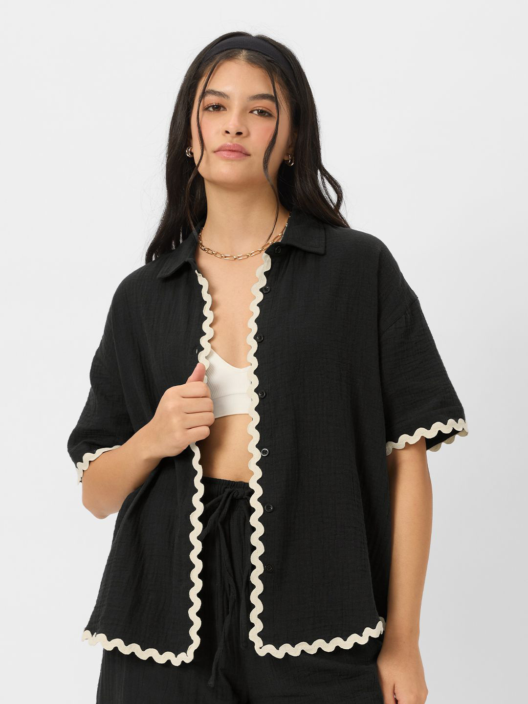 The Souled Store Women Solid Lace Inserts Relaxed Fit Cotton Oversized Shirt