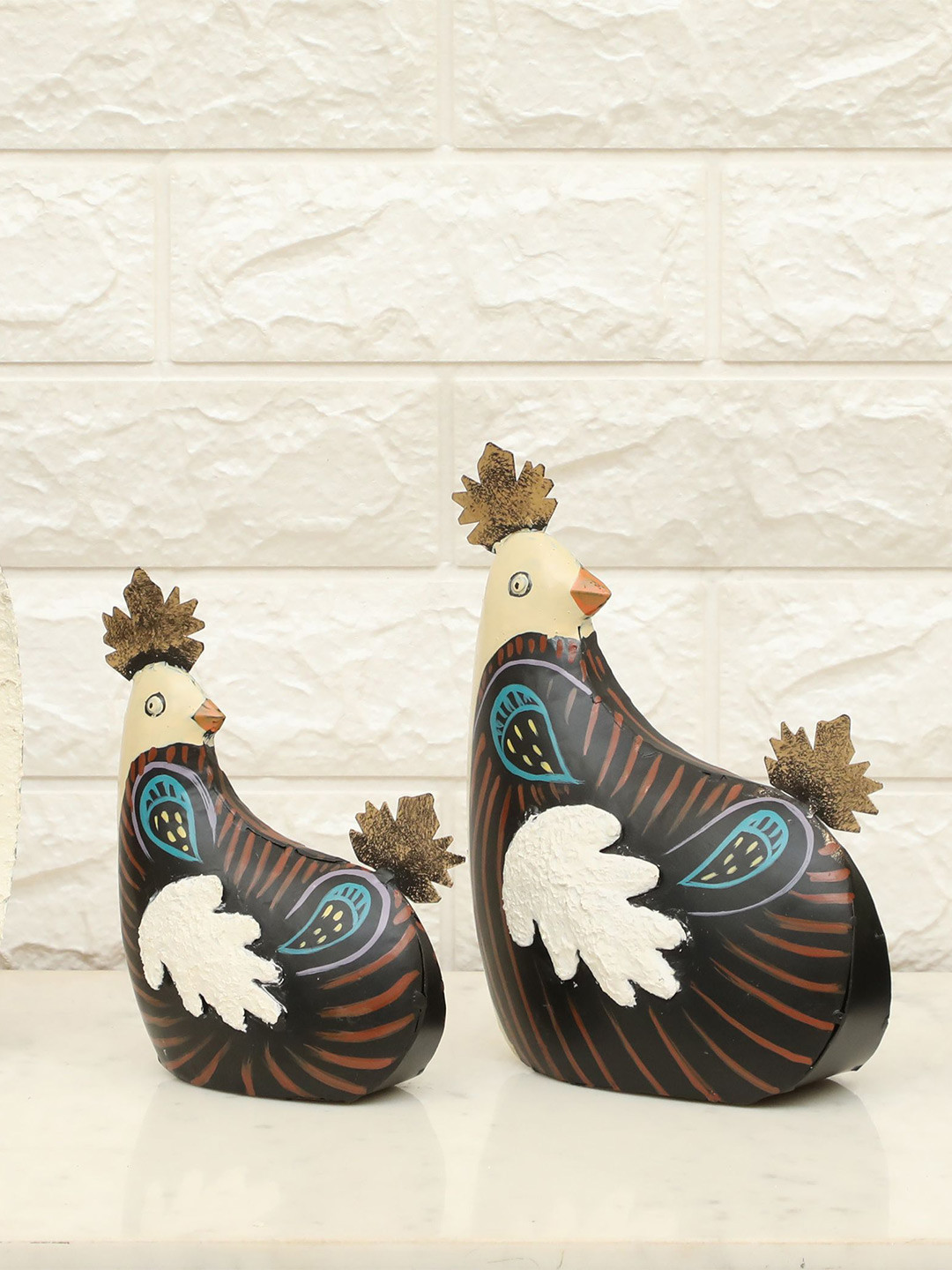 vedas F-Nico Hen Black Metal Metallic Living Room Set of 2 Medium Showpieces - 7.9 Inches