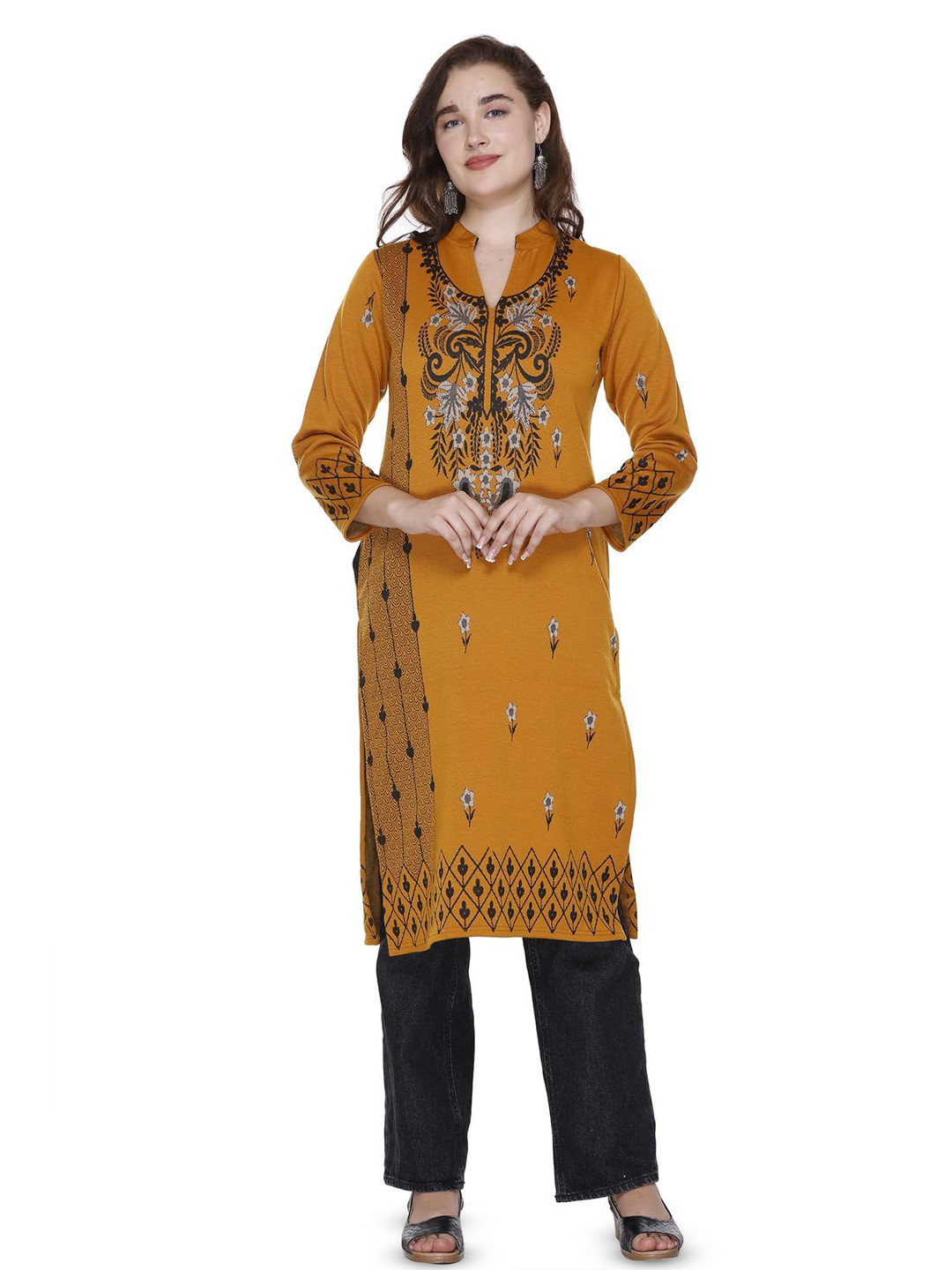 ROSARY Winter Woven Design Woolen Kurta With Pockets
