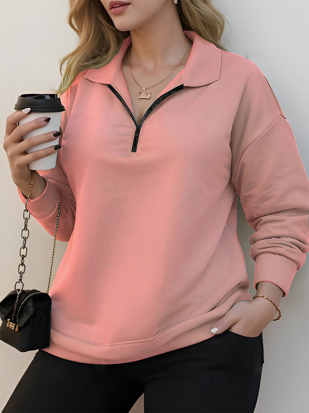 kintu parantu Women Half Zipper Ribbed Sweatshirt