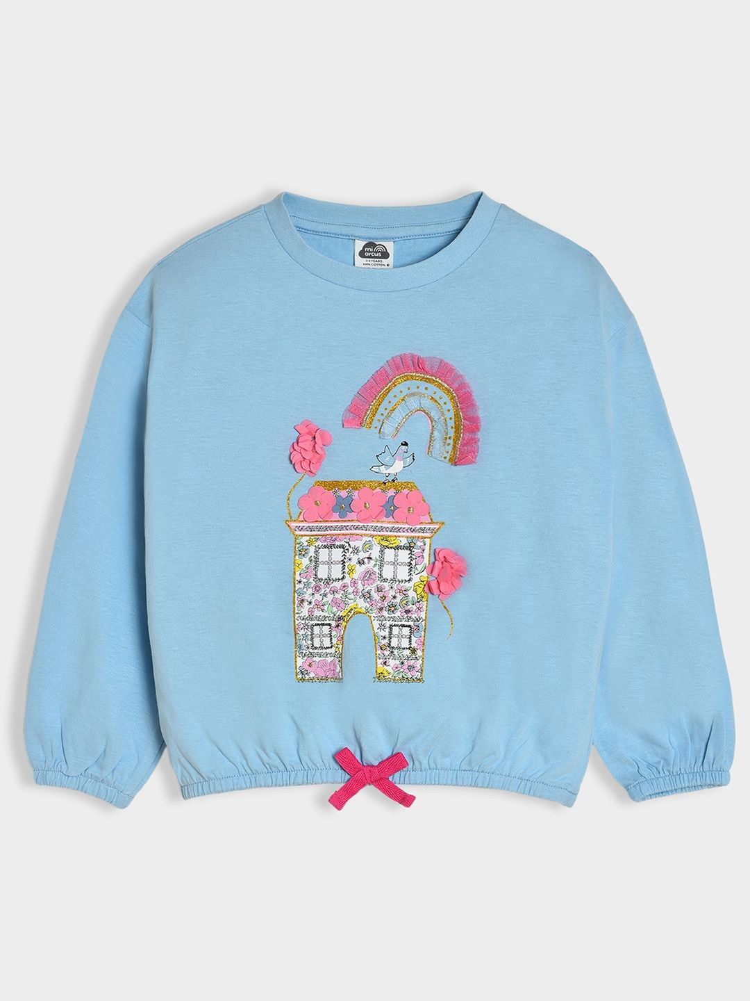 MiArcus Girls Pure Cotton Full Sleeves Hut Print Blue Top
