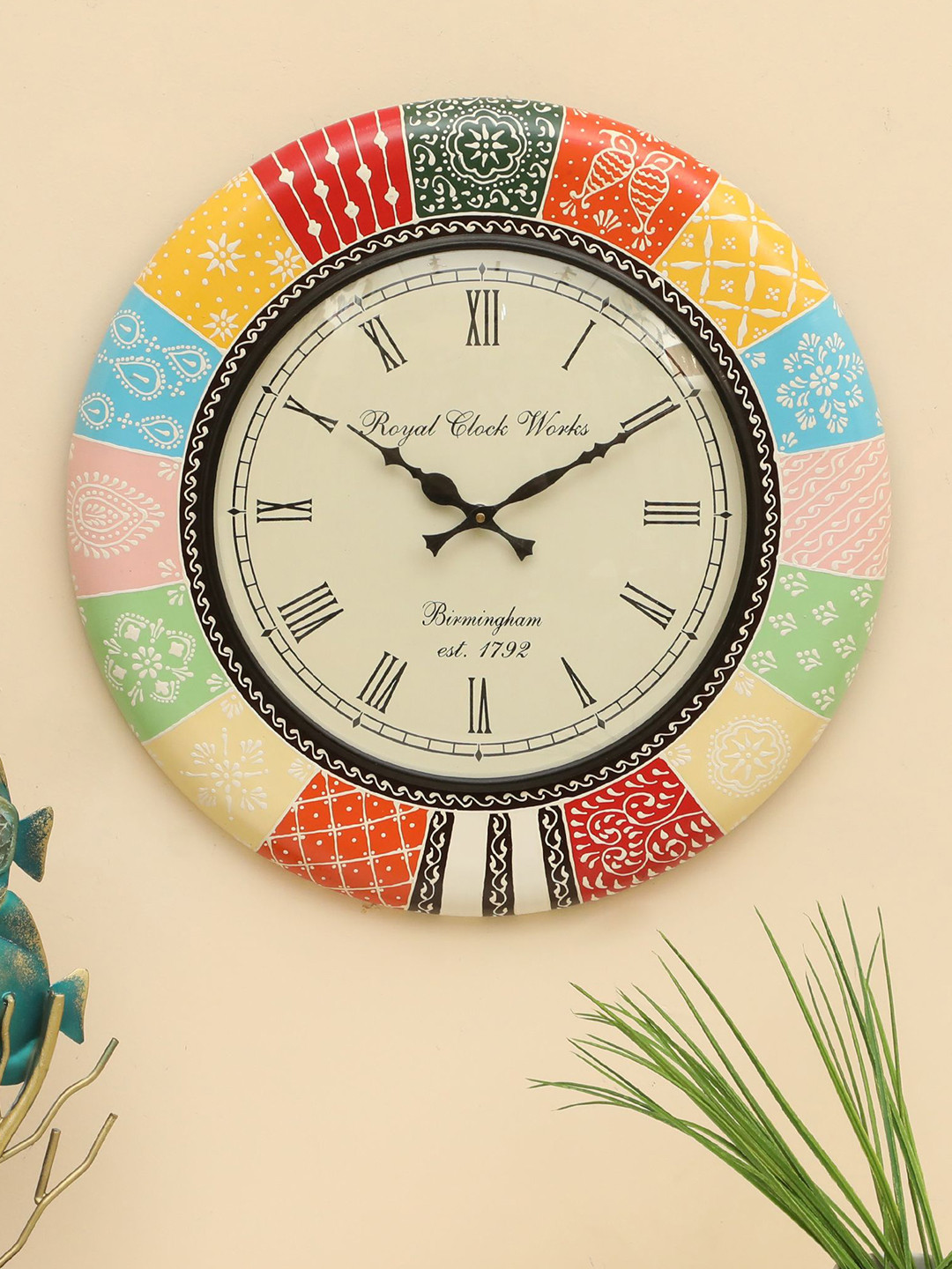 vedas Beige & Yellow Printed Round Shaped C-Galleria Wooden Wall Clock With Dial