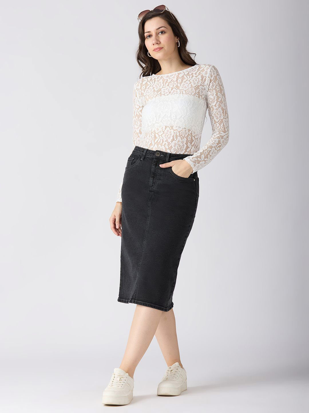 Globus Stretchable Solid Mid-Rise Back Slit Midi Denim Pencil Skirt