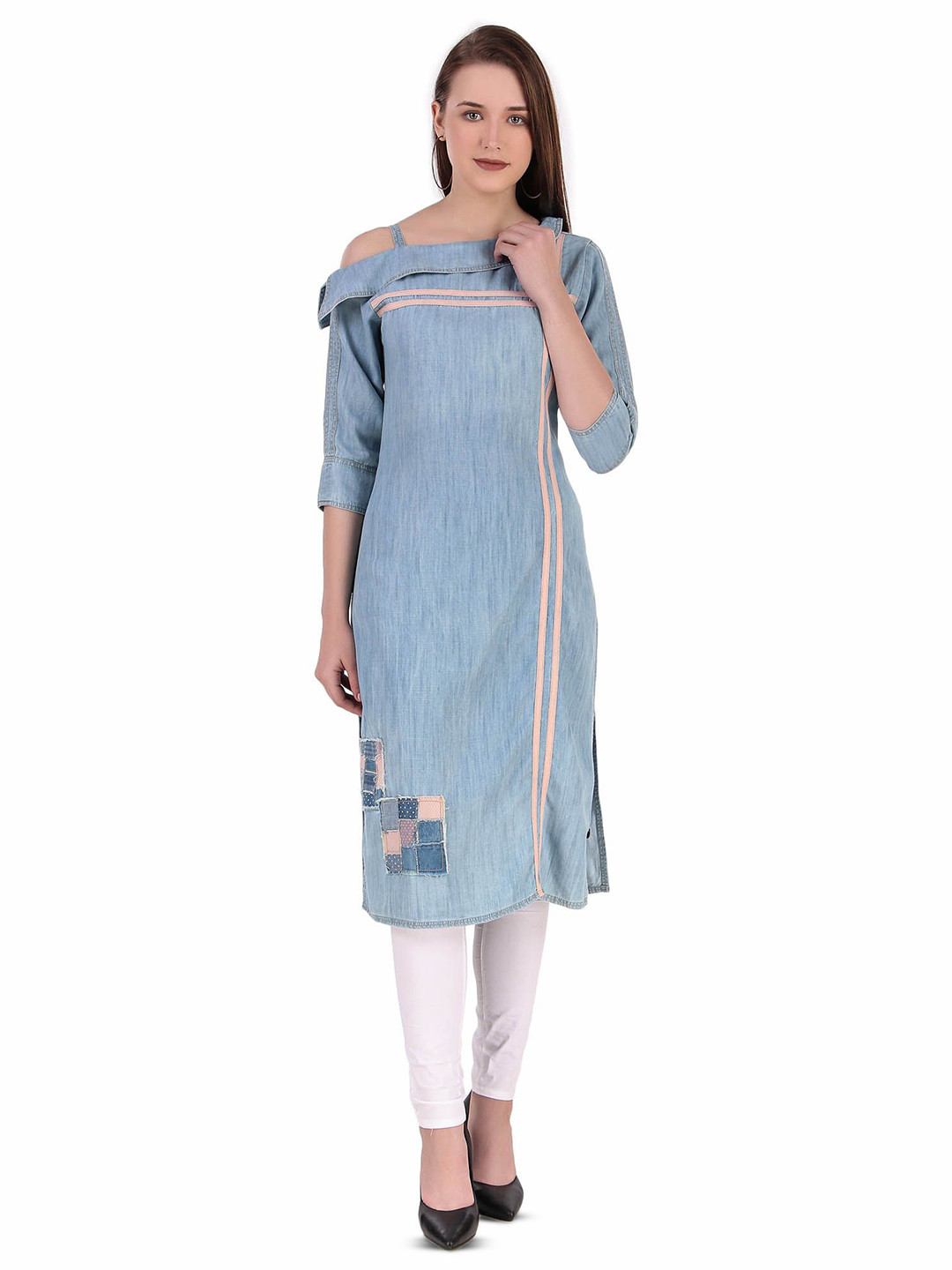 Pose india Women Stylish Patch Work Denim Cotton Straight Kurta