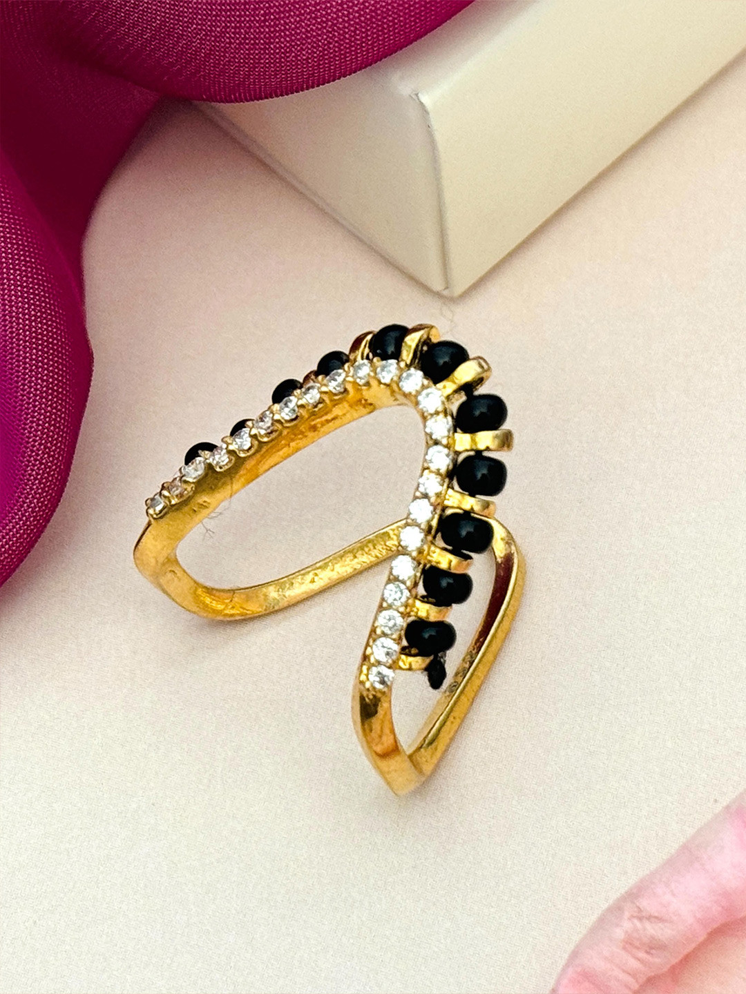 ABDESIGNS 92.5 Pure Silver Gold-Plated Stone-Studded Beaded Subtle Mangalsutra Ring