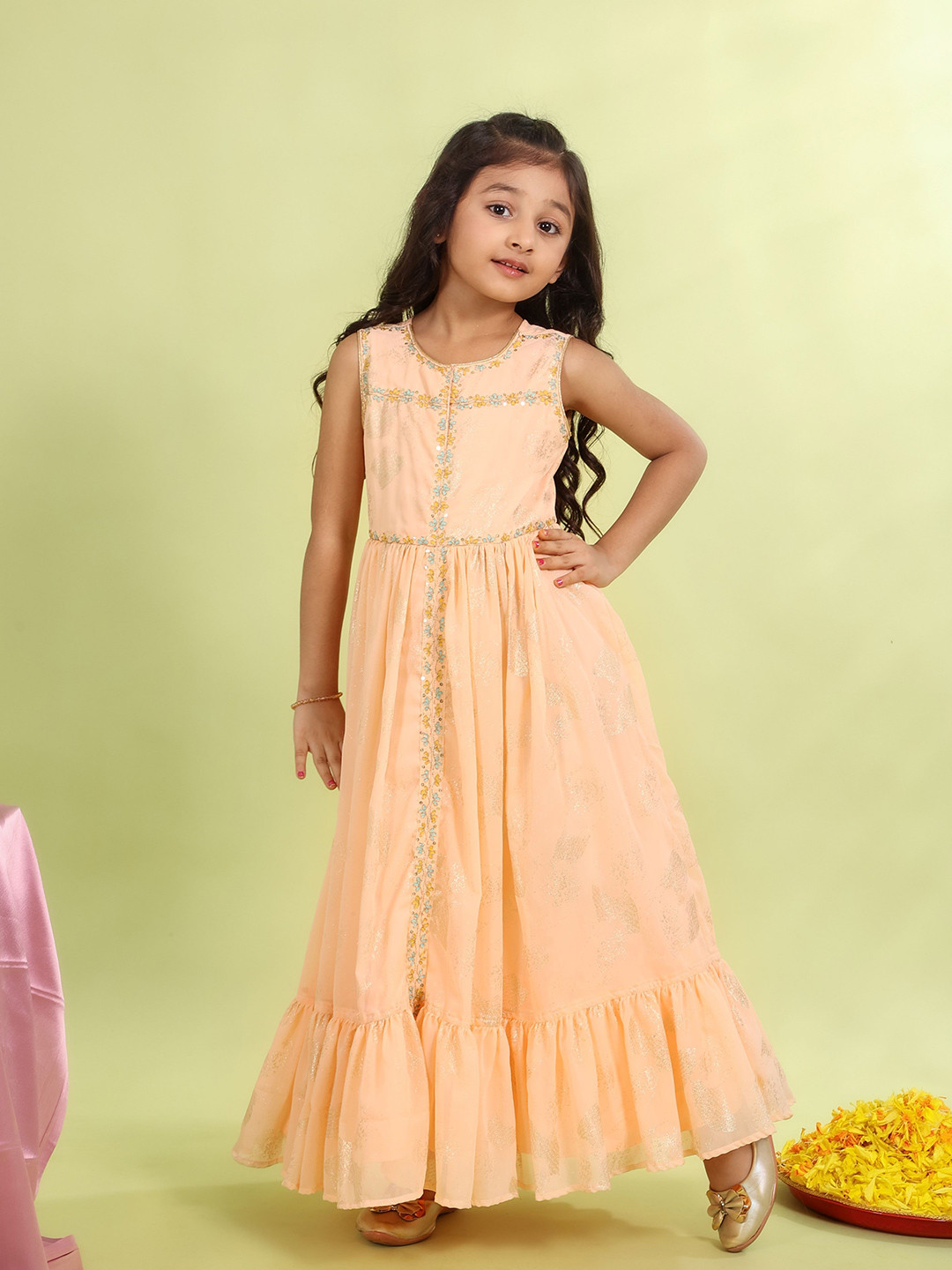 MASTARANG Girls Printed Round Neck Sleeveless Georgette Ethnic Dresses