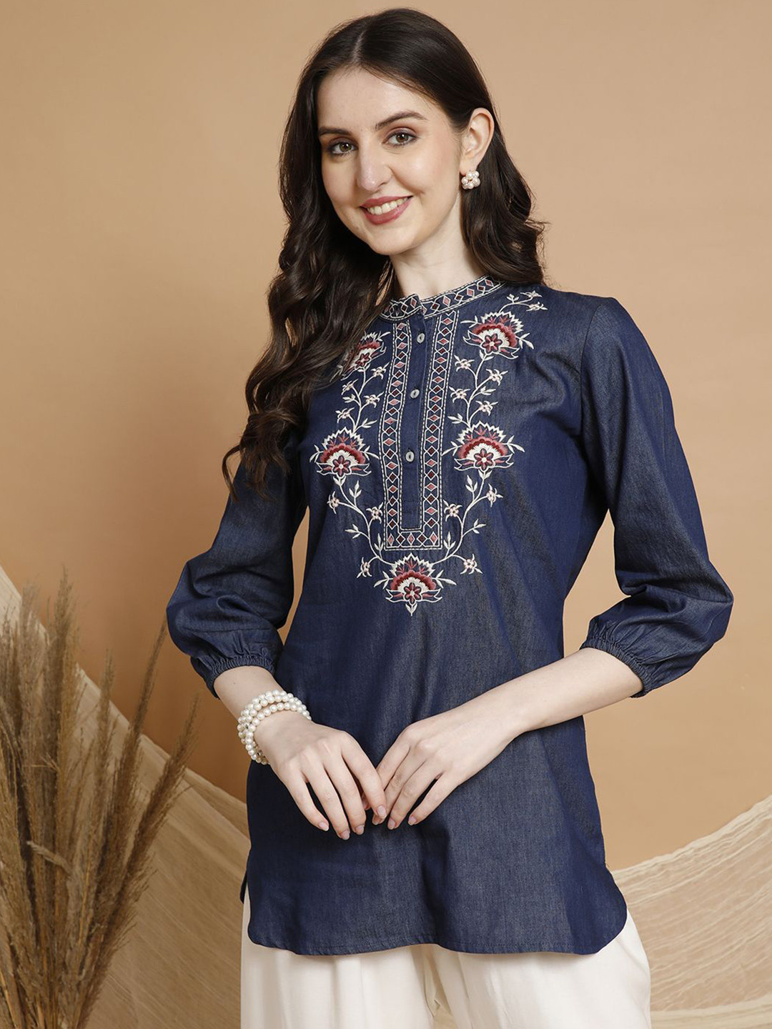 Nayam By Lakshita Solid Floral Embroidered Mandarin Collar Neck Straight Cotton Tunic