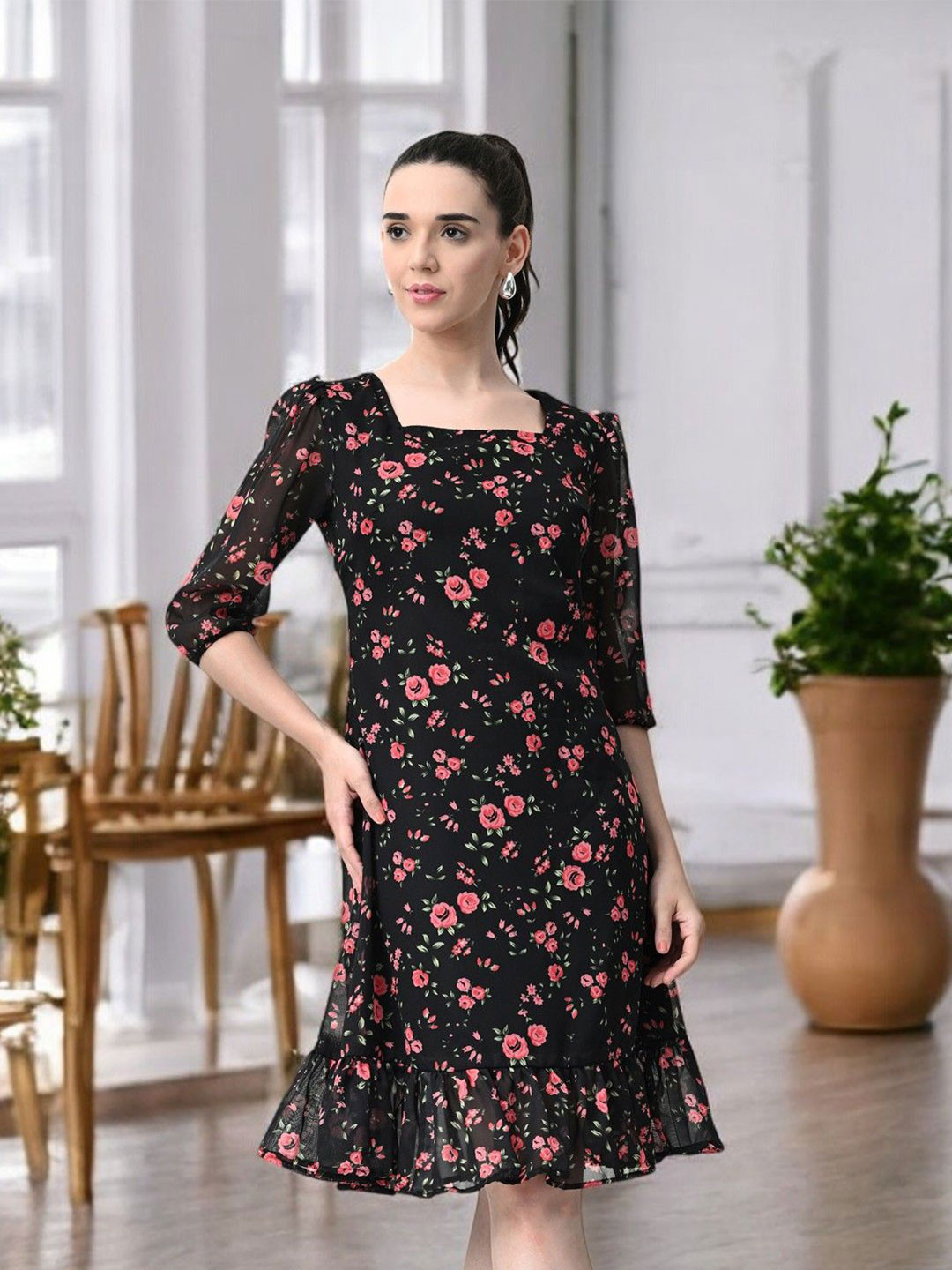 BAESD Floral Printed Square Neck Puff Sleeves Drop-Waist Dress