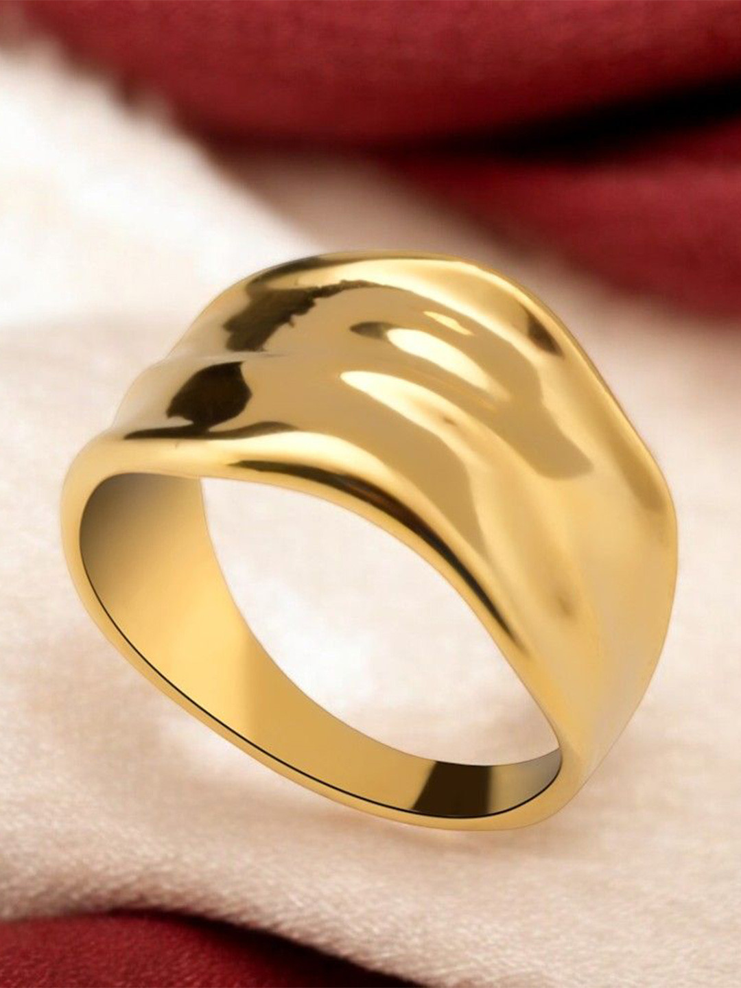 PALMONAS Gold-Plated Stainless Steel Riged Waves Band For Womens Waterproof & Anti-Tarnish