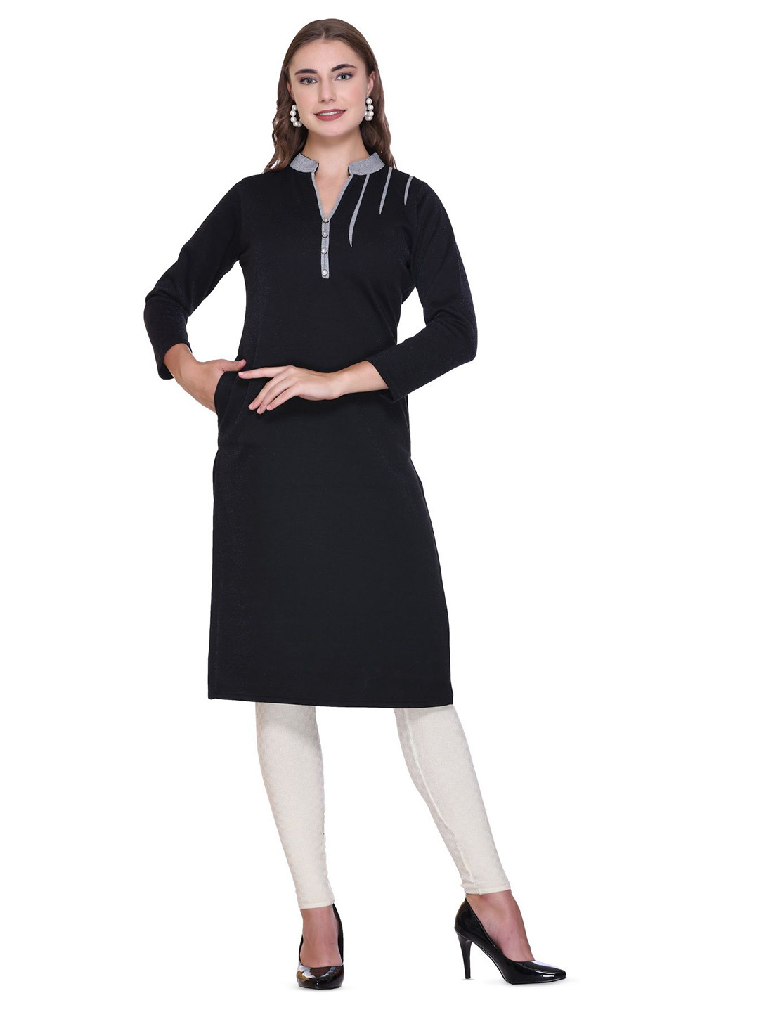 ROSARY Winter Women Self Design Mandarin Collar Acrylic Kurti