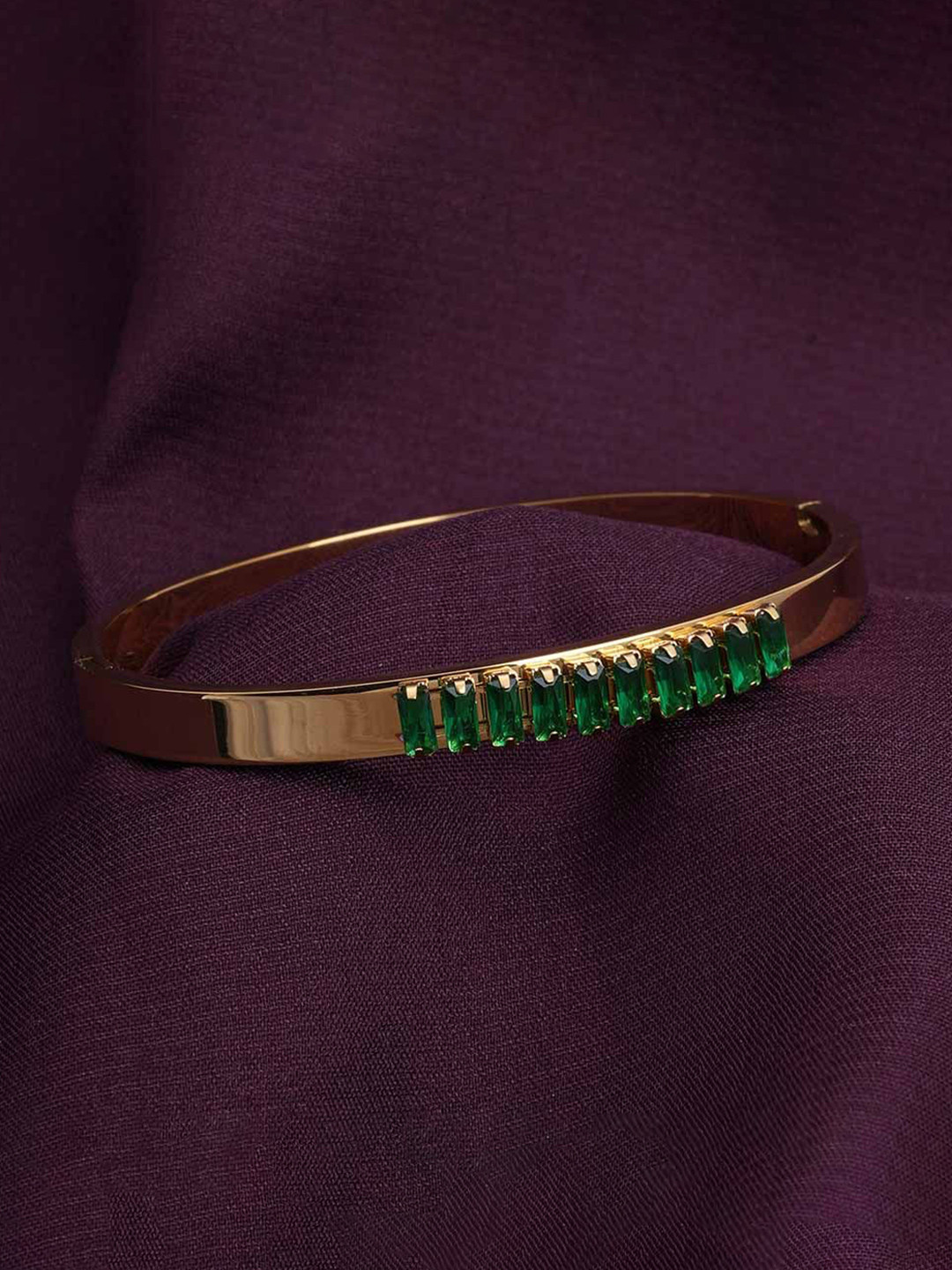 PALMONAS Women Cubic Zirconia Gold-Plated Waterproof Emerald Envy  Bangle-Style Bracelet