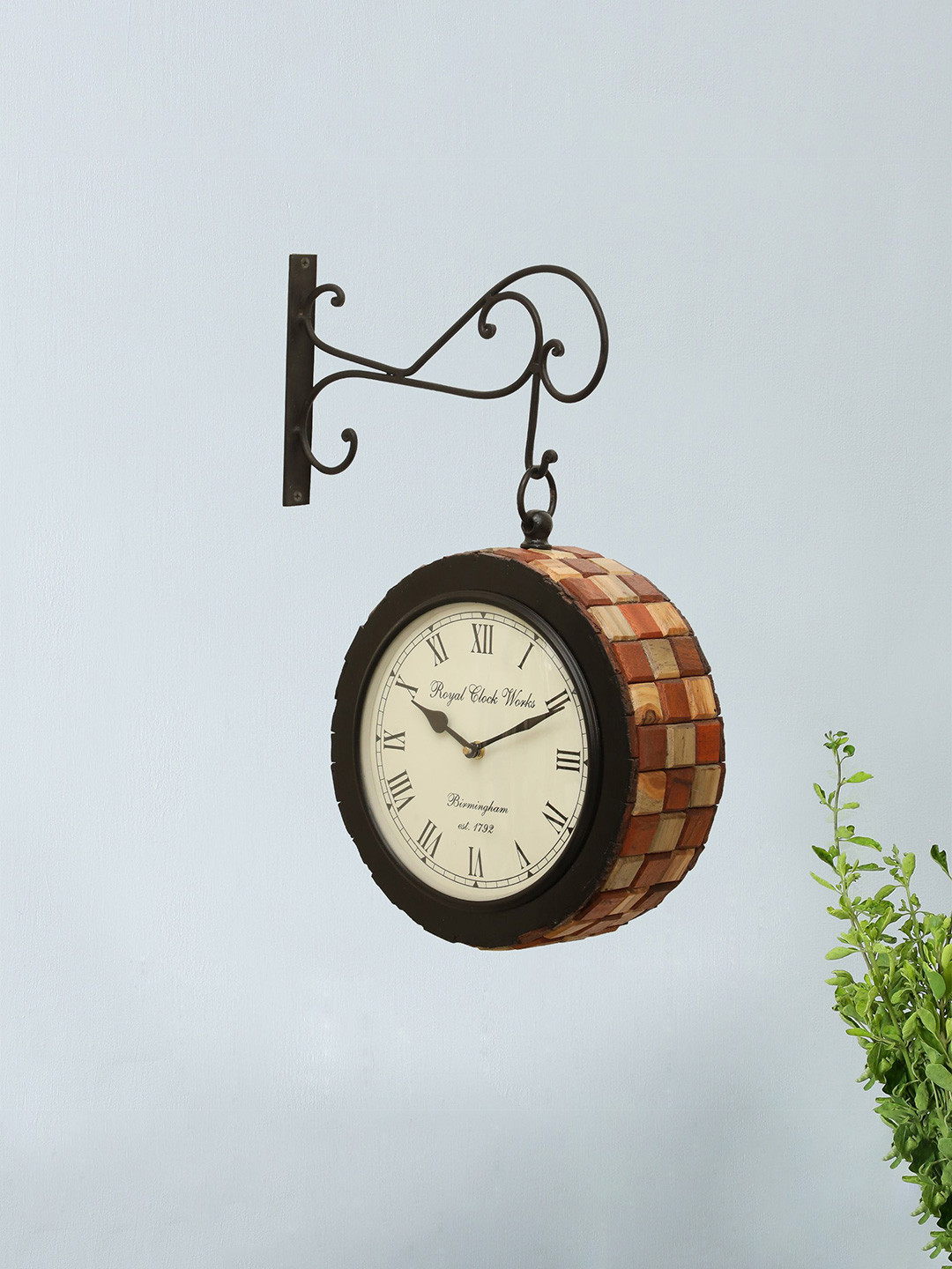 vedas Beige & Brown Round Shaped Double-Sided C-Rowan Wooden Wall Clock