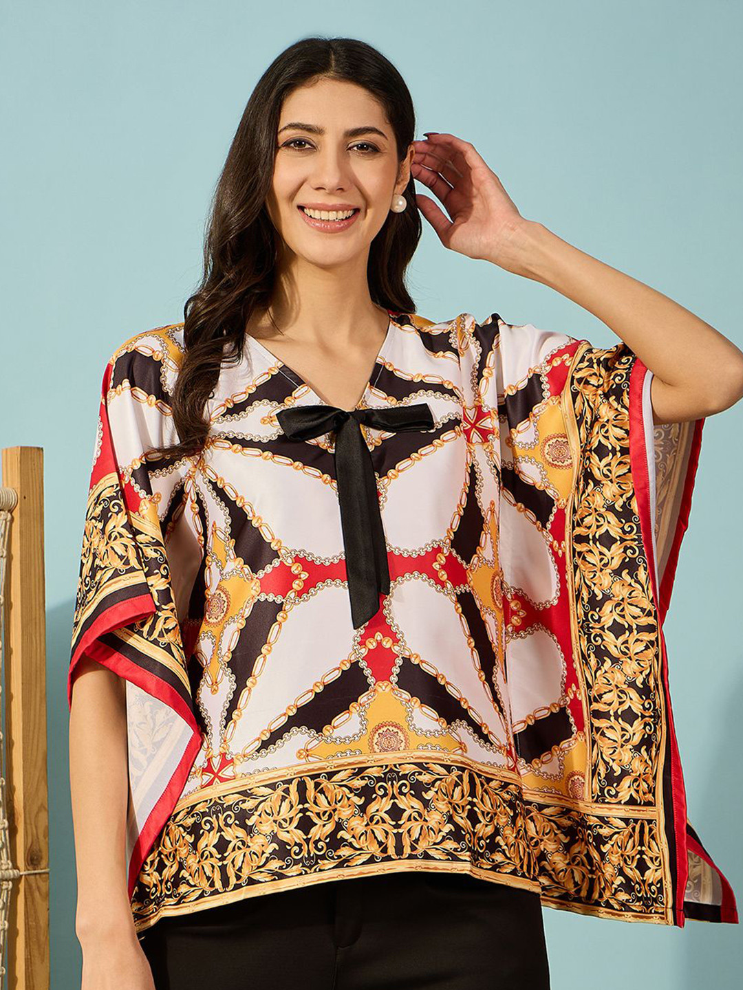 The Kaftan Company Women Scarf Printed Batwing Sleeve Satin Kaftan Top