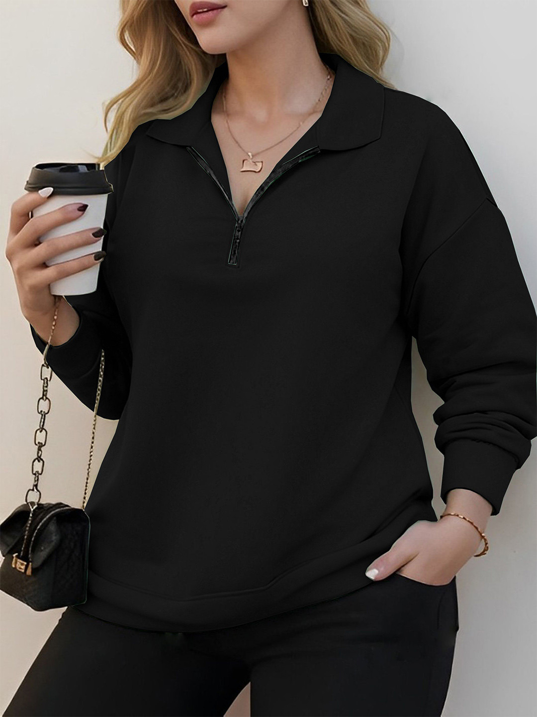 kintu parantu Women Half Zipper Ribbed Sweatshirt