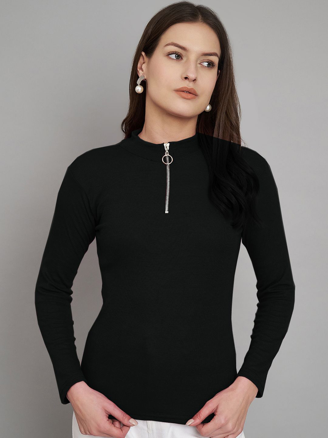 Black High Neck Solid Regular Top