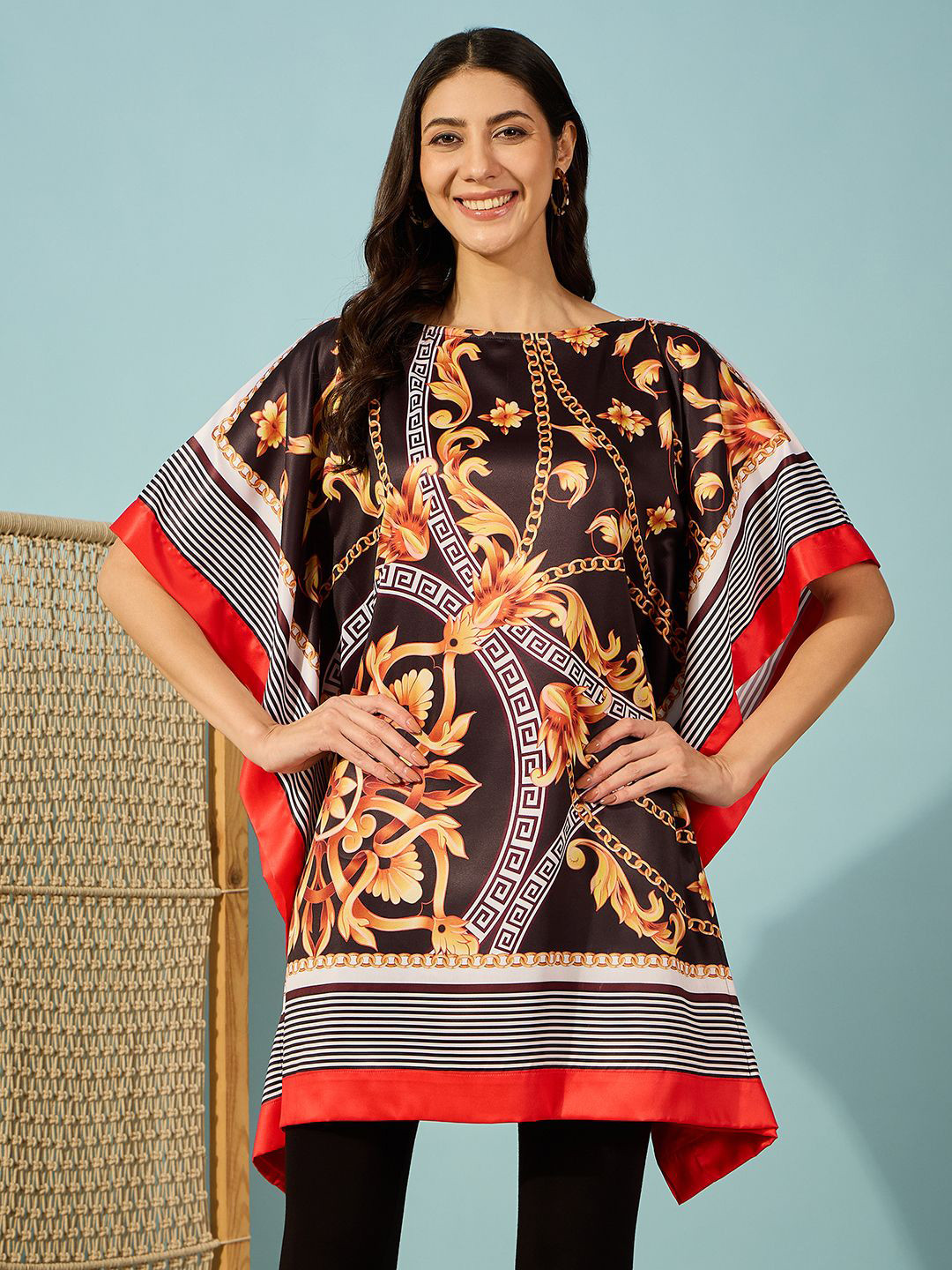 The Kaftan Company Women Scarf Printed Batwing Sleeve Satin Kaftan Longline Top