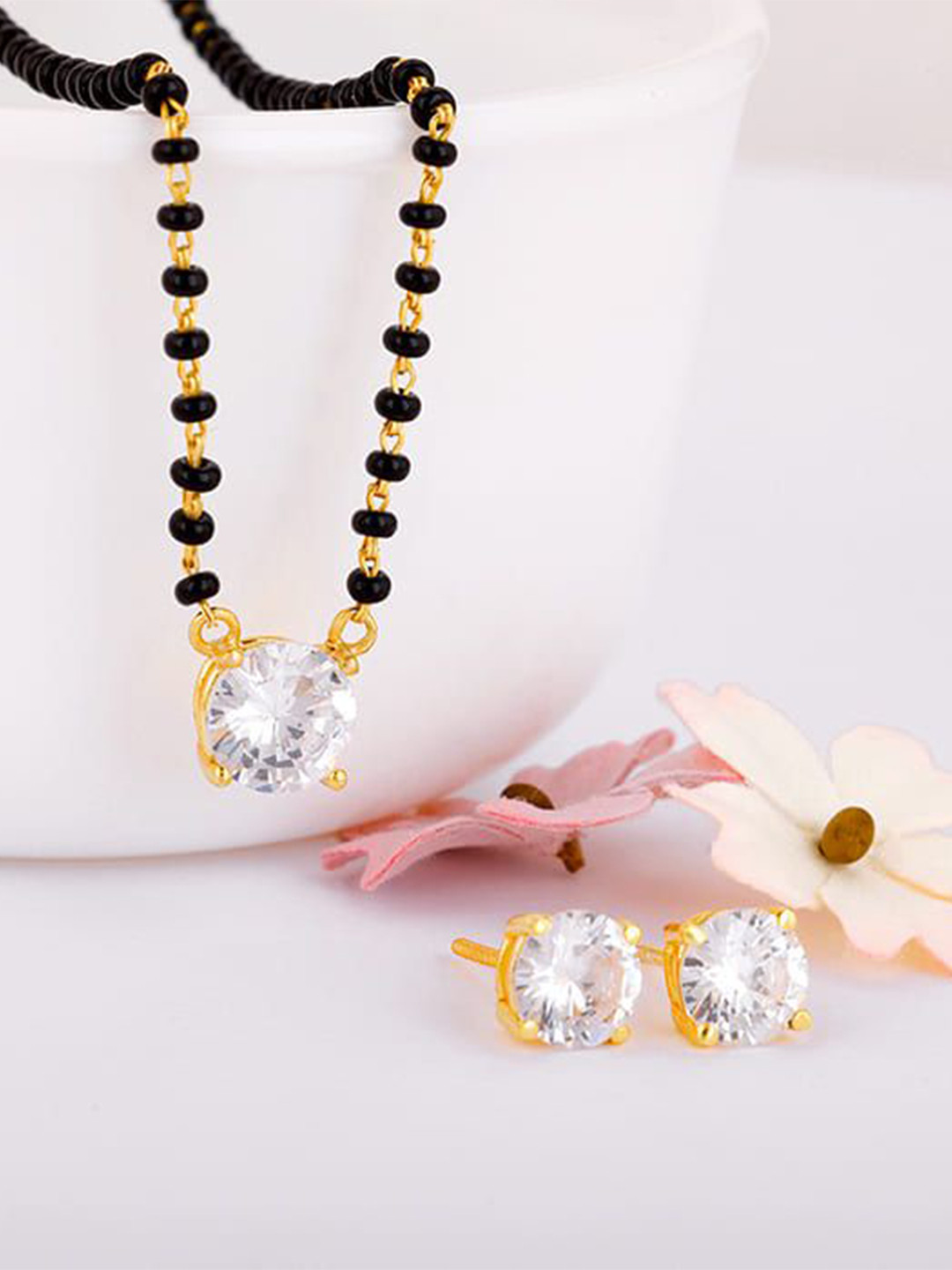 GIVA Classic Solitaire 925 Silver Gold-Plated Crystals Studded Mangalsutra Set