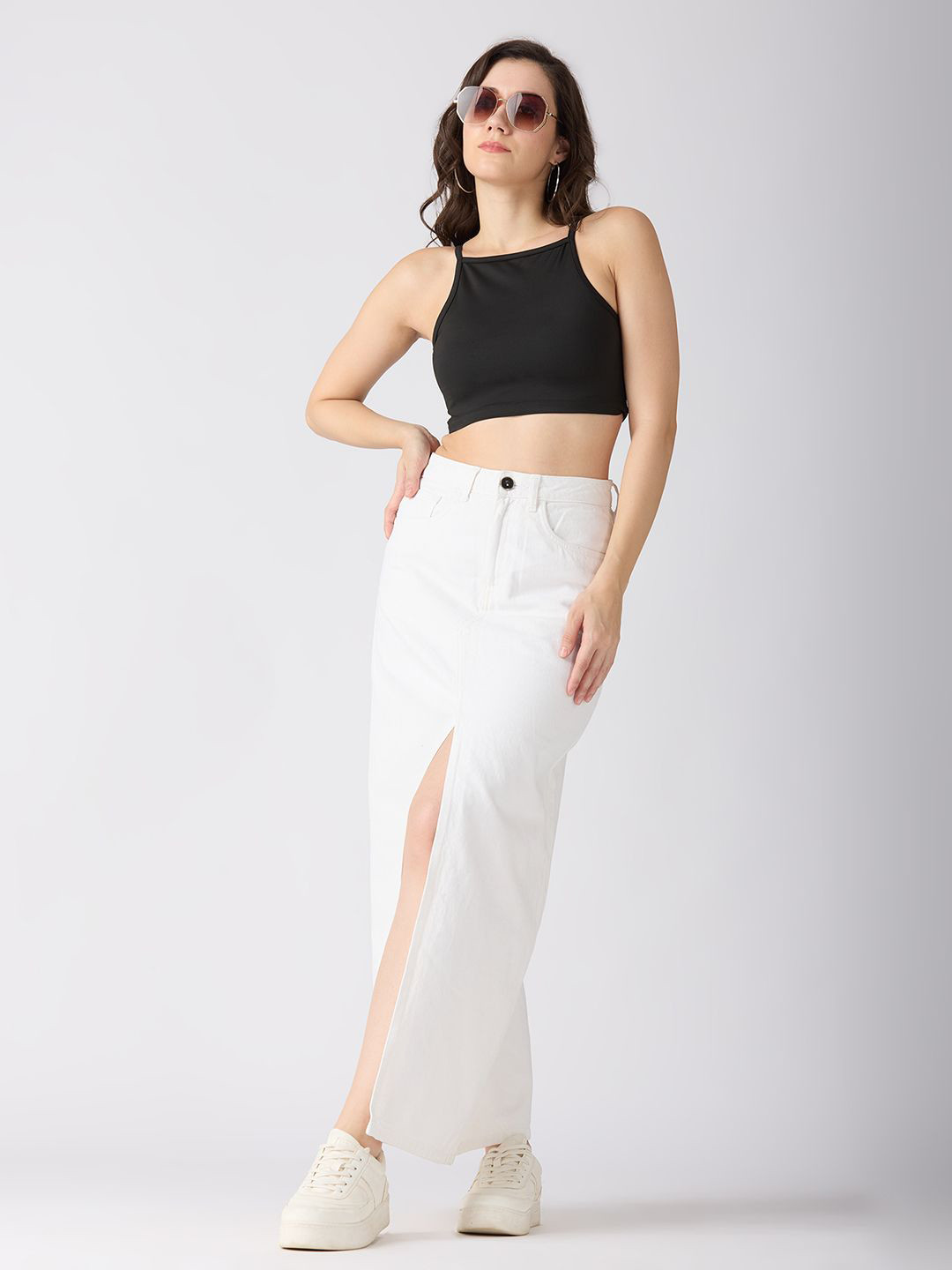 Globus Solid Mid-Rise Front Slit Straight Maxi Denim Skirt