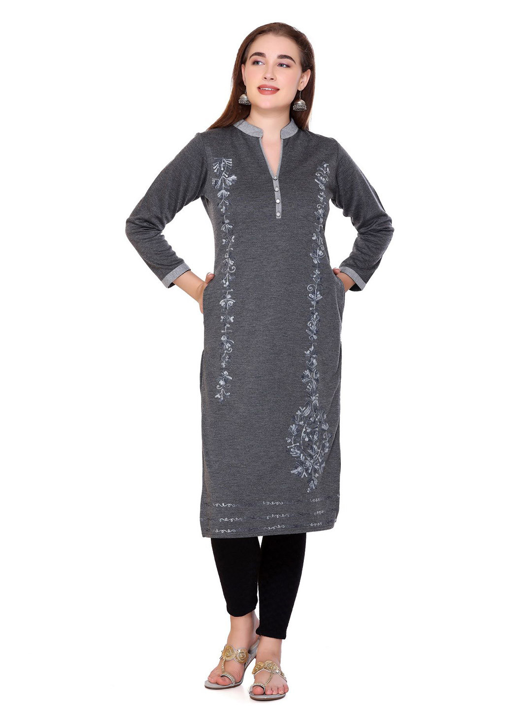 ROSARY Floral Embroidered Thread Work Mandarin Collar Straight Kurta