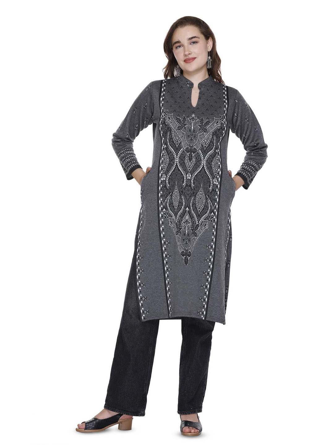 ROSARY Winter Floral Embroidered Mandarin Collar Neck Kurta With Pockets
