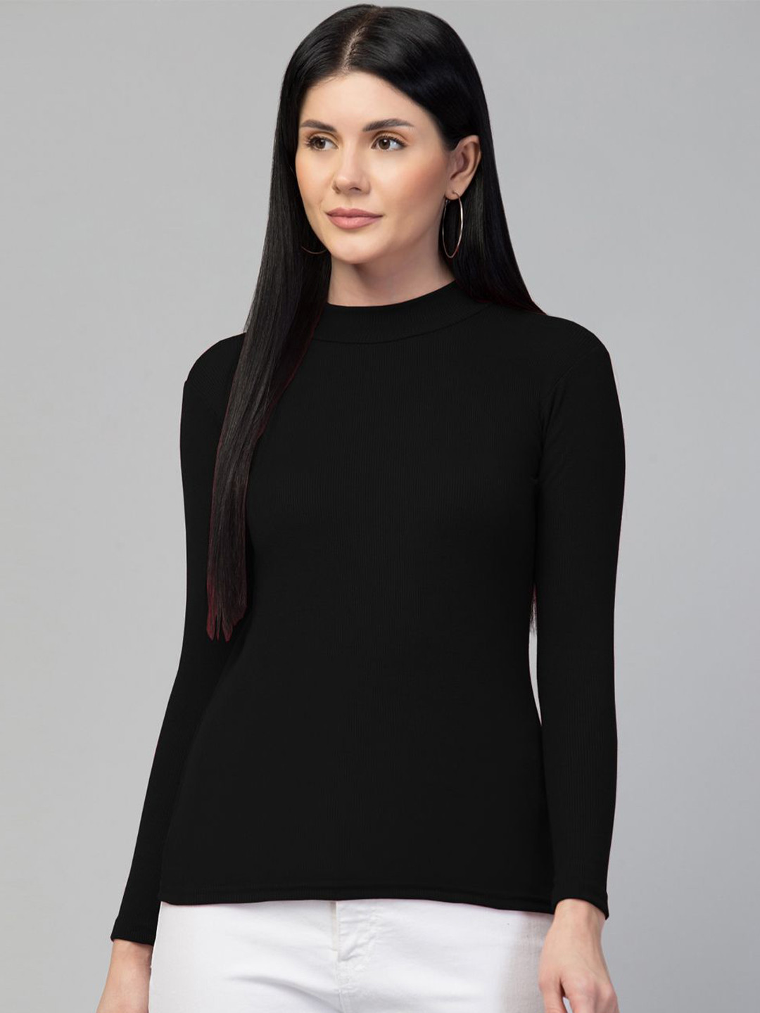 Trend Level Women Black High Neck Ribbed Top